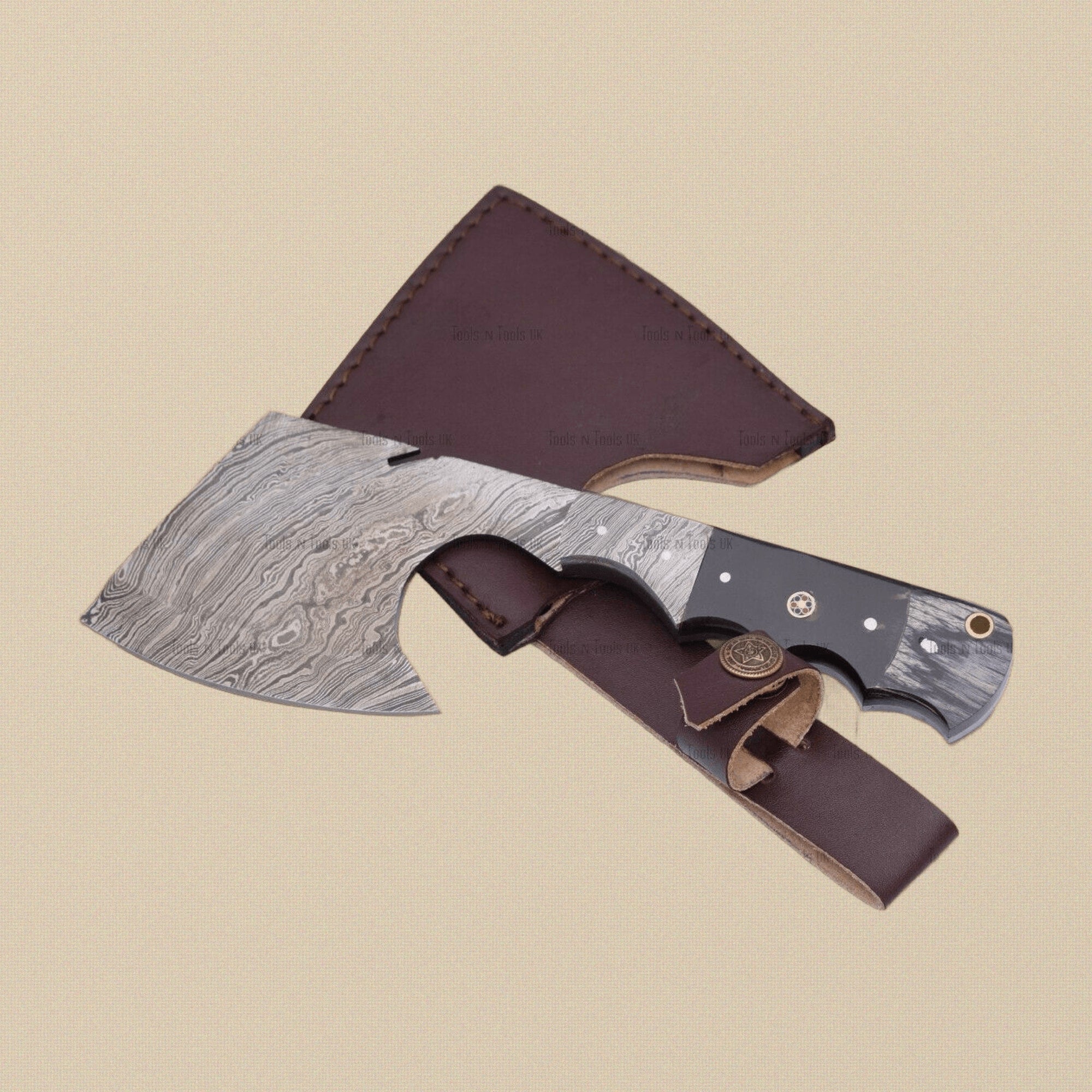Hand-Forged Damascus Steel Axe, 21.7 cm, with Wood Handle and Leather Sheath | Axes | Toolsmith Ltd UK