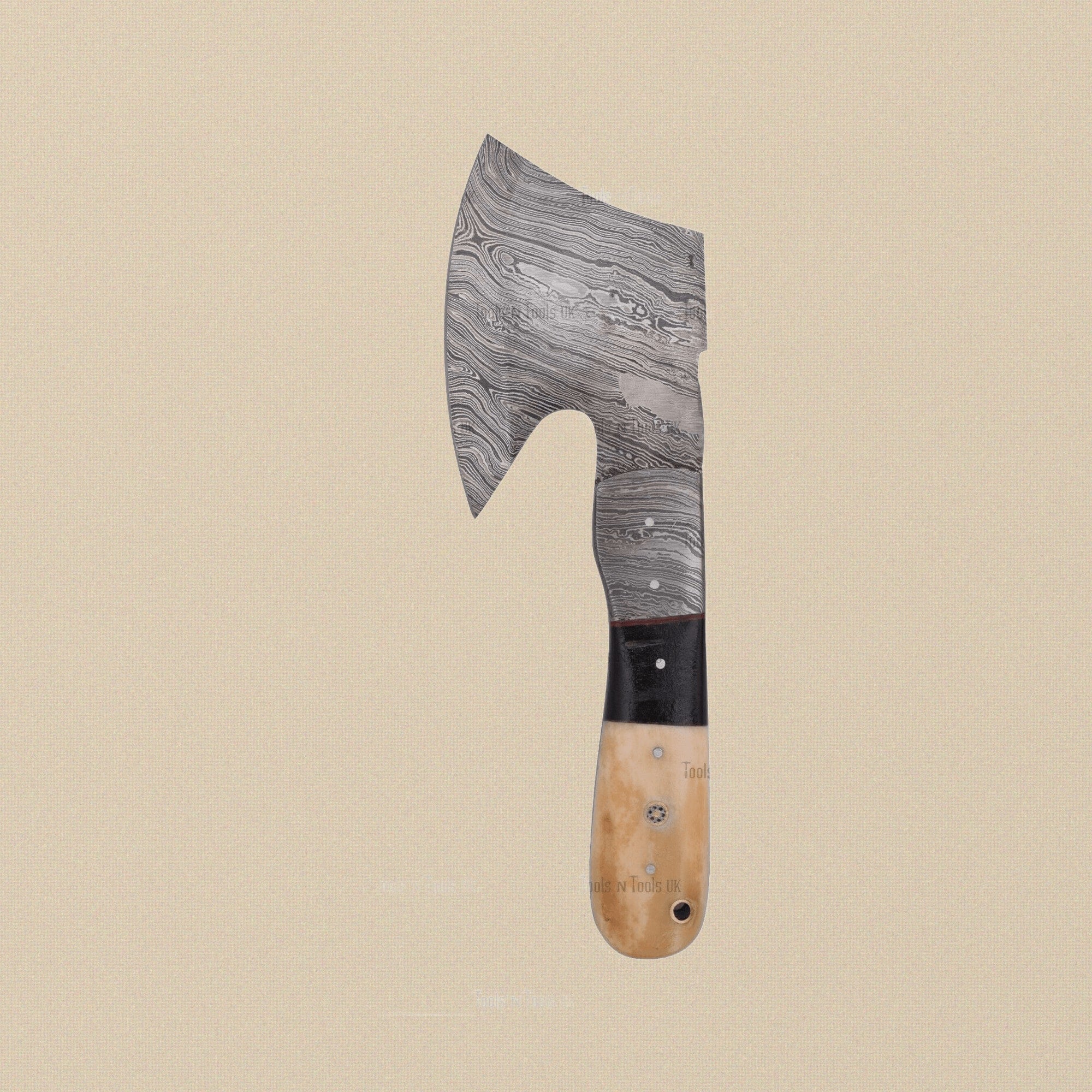 Damascus Steel Hatchet, 229 mm, with Bull Horn and Bone Handle and Leather Sheath | Hatchet | Toolsmith Ltd UK