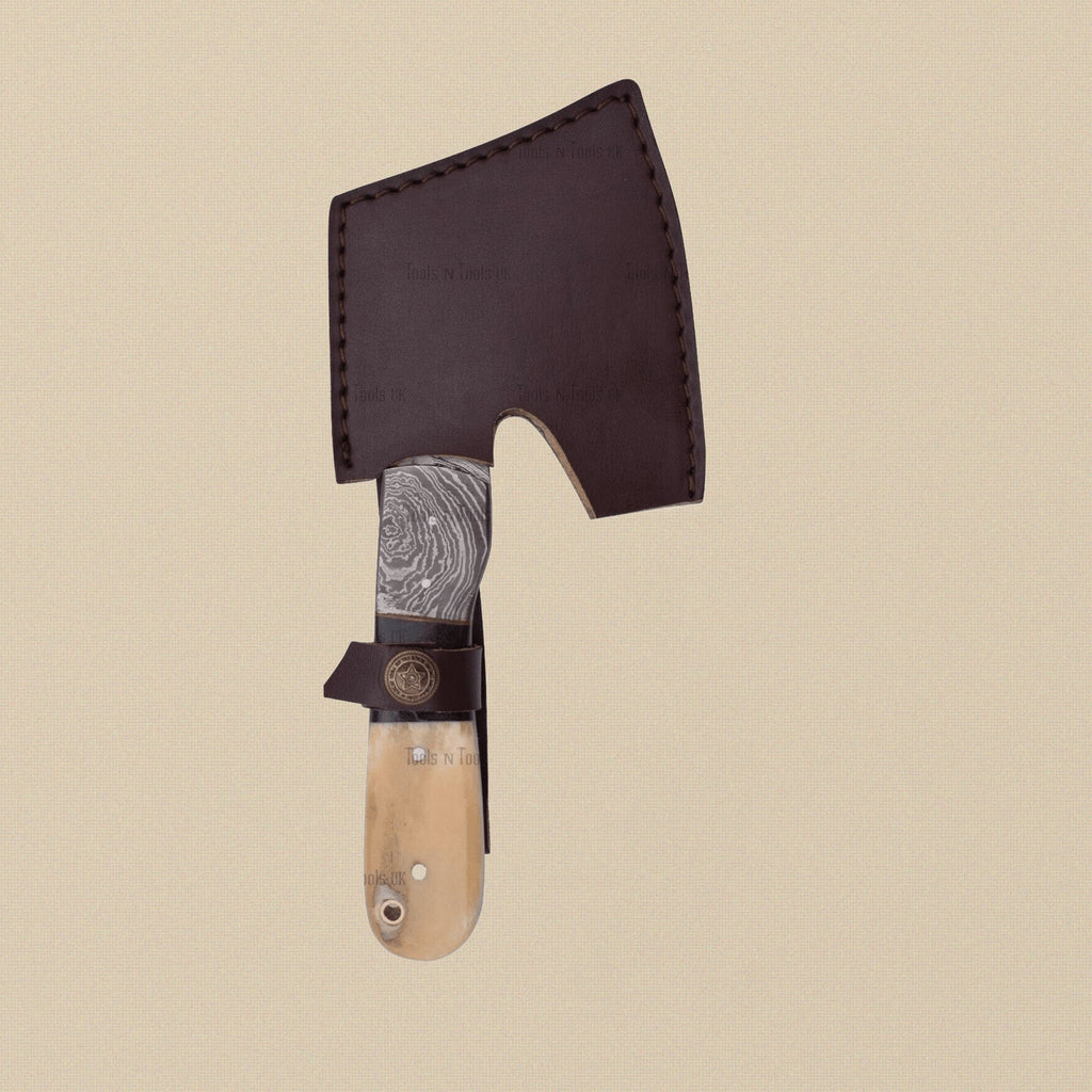 Damascus Steel Hatchet, 229 mm, with Bull Horn and Bone Handle and Leather Sheath | Hatchet | Toolsmith Ltd UK