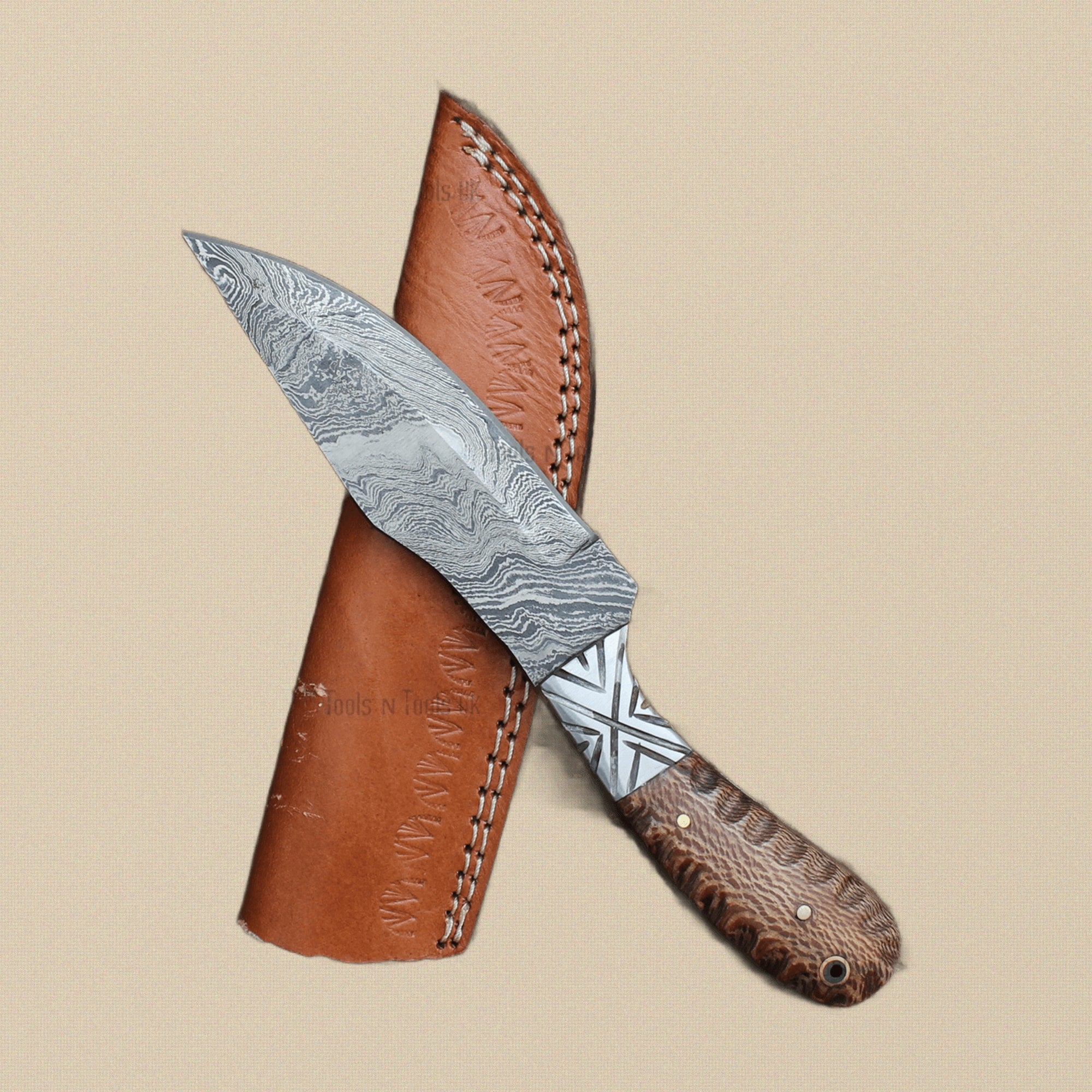 Damascus Steel Skinner Knife (8.6-inch) with Wood Handle and Leather Sheath | Knife | Toolsmith Ltd UK