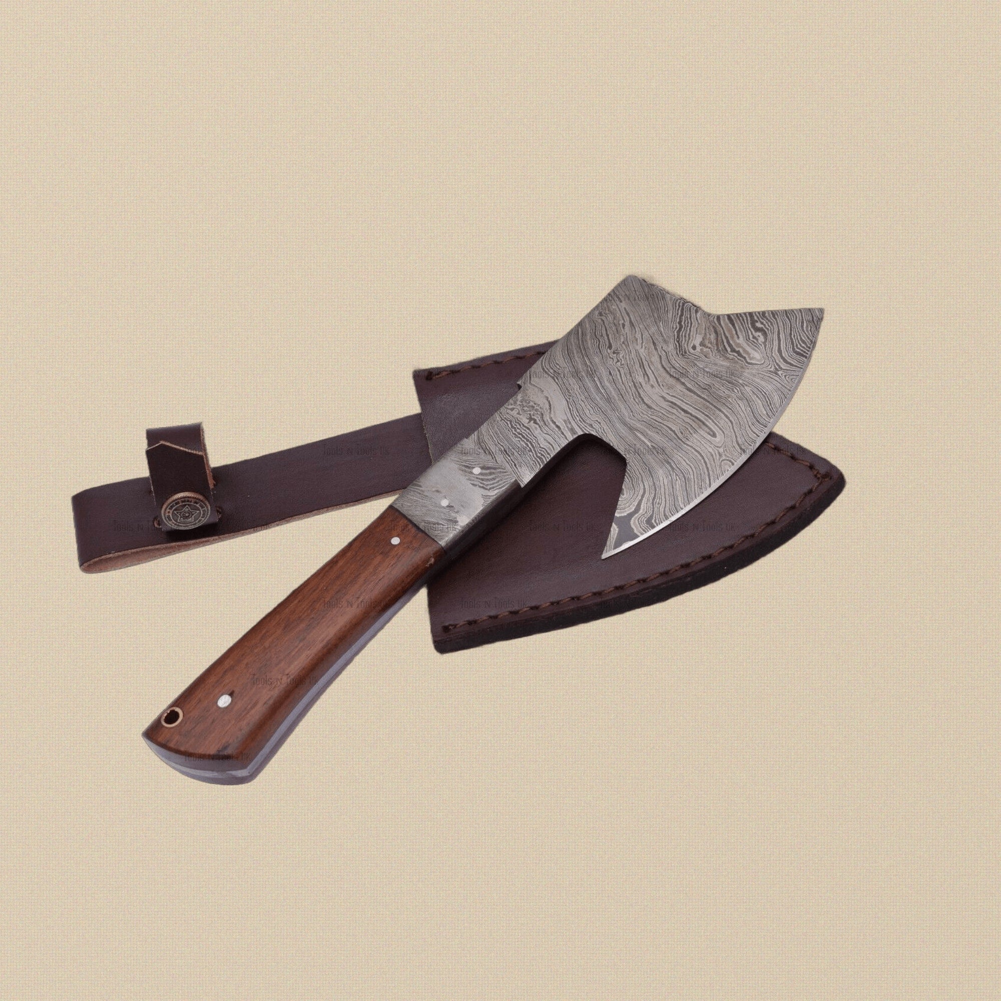 Damascus Steel Hatchet, 9-inch, with Wood and Brass Handle and Leather Sheath | Hatchets & Axes | Toolsmith Ltd UK