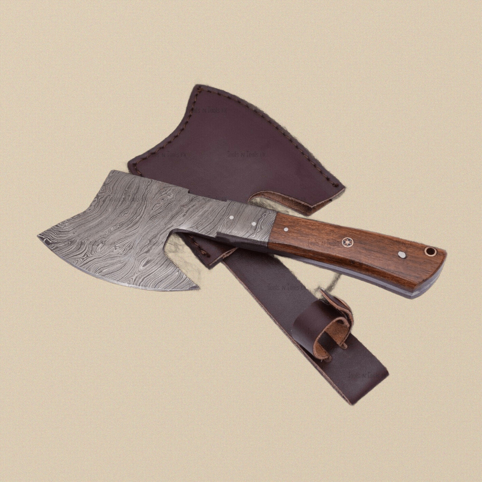 Damascus Steel Hatchet, 9-inch, with Wood and Brass Handle and Leather Sheath | Hatchets & Axes | Toolsmith Ltd UK