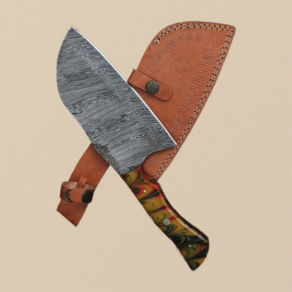 Damascus Steel Cleaver with 165mm Blade, Horn Handle and Leather Sheath | Cleaver | Toolsmith Ltd UK