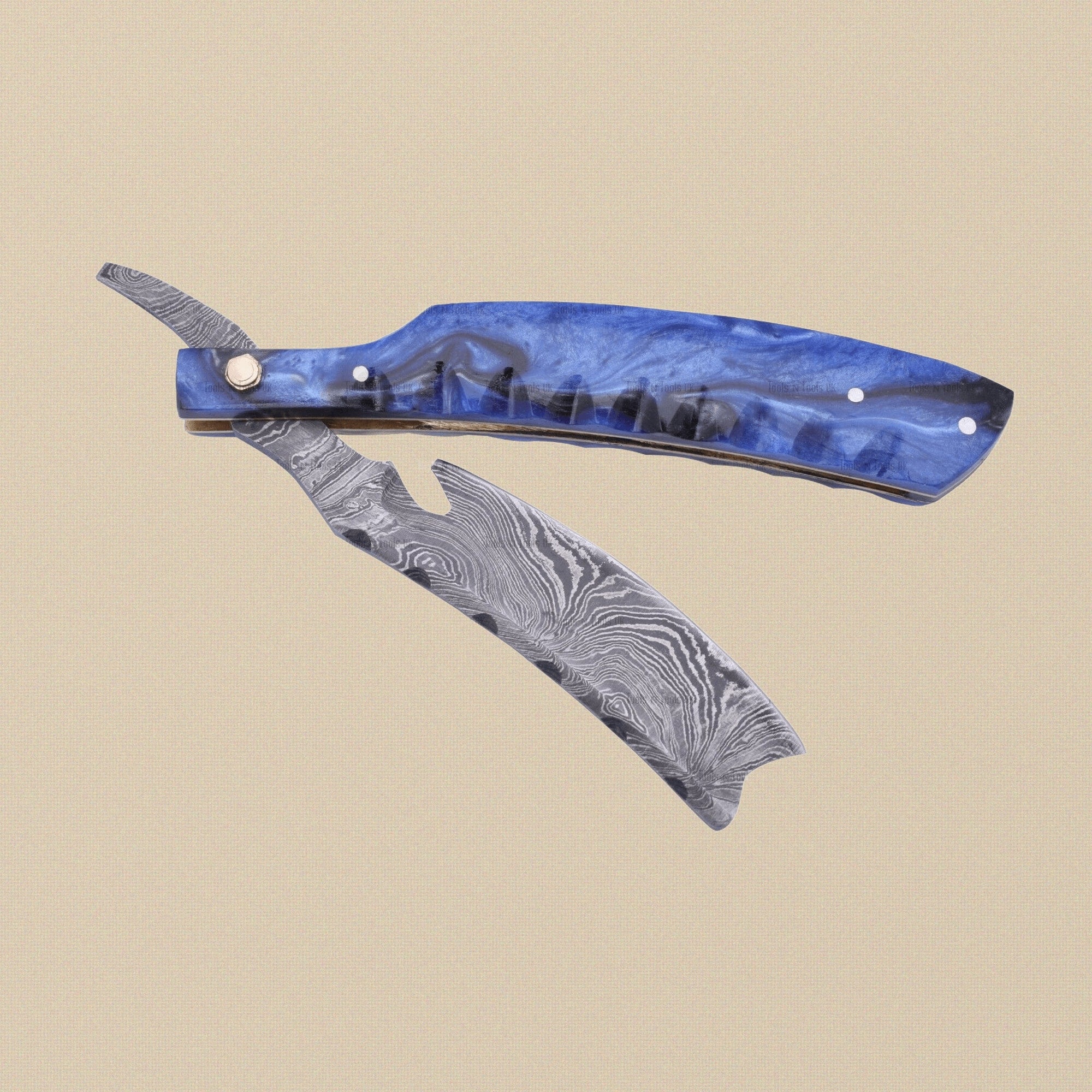 Straight Razor with 75 mm Damascus Steel Blade, Blue-Handled | Straight Razor | Toolsmith Ltd UK