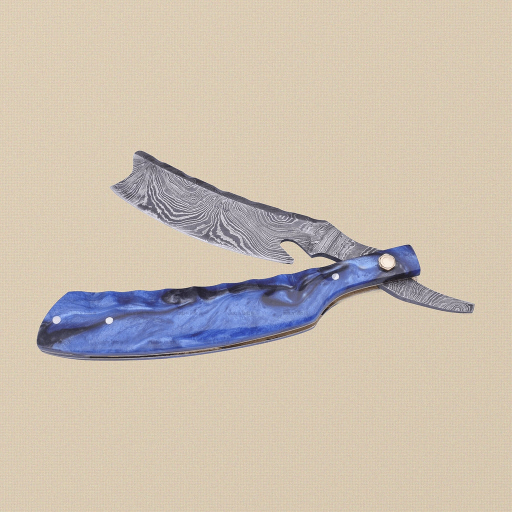 Straight Razor with 75 mm Damascus Steel Blade, Blue-Handled | Straight Razor | Toolsmith Ltd UK