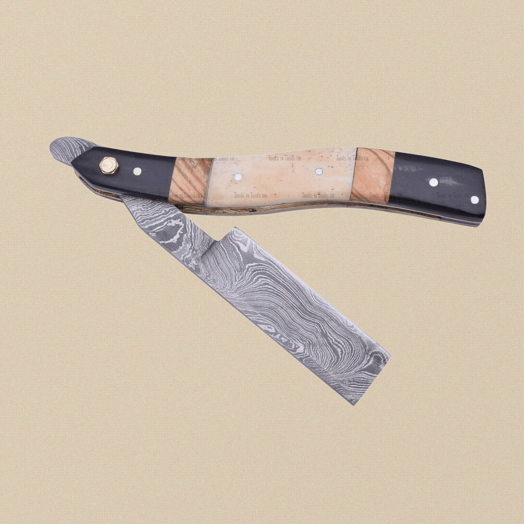 Damascus Steel Straight Razor with 70 mm Blade and Camel Bone Handle | Straight Razor | Toolsmith Ltd UK