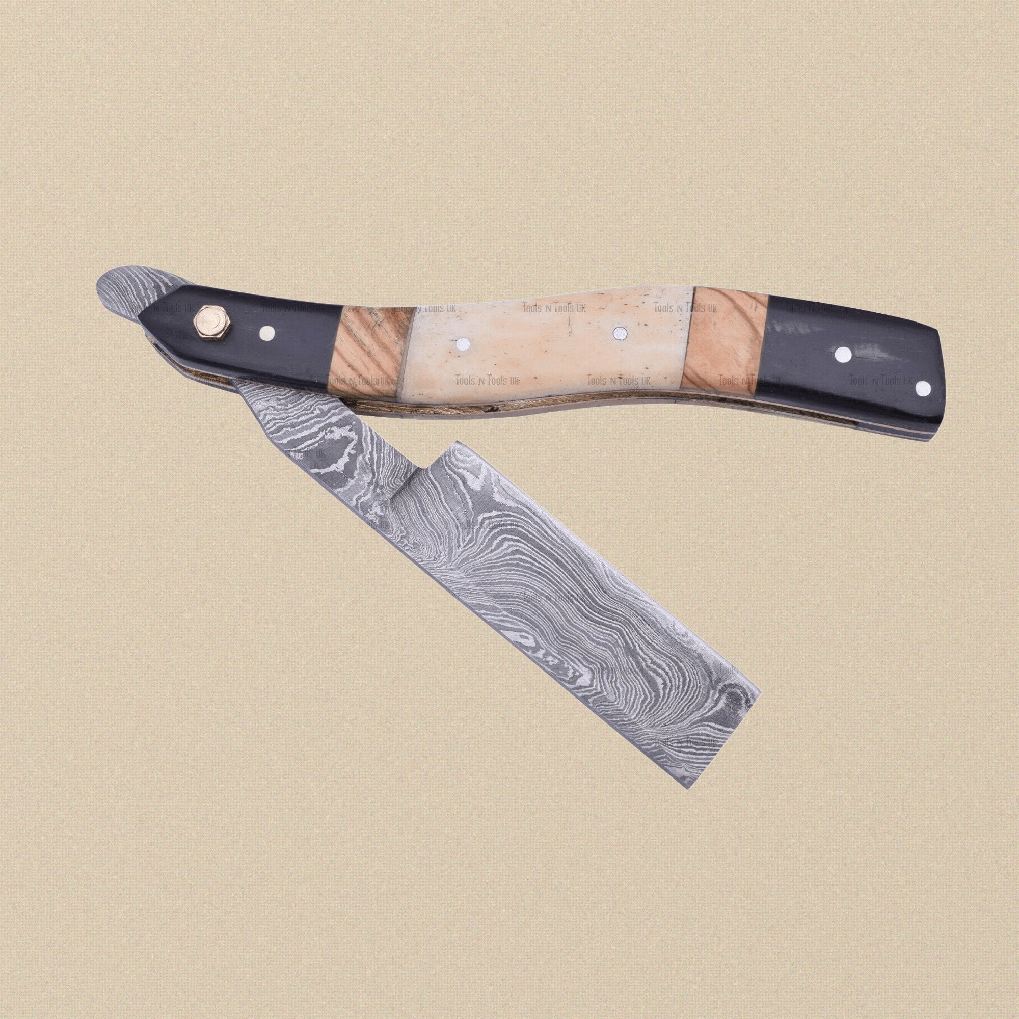 Damascus Steel Straight Razor with 70 mm Blade and Camel Bone Handle | Straight Razor | Toolsmith Ltd UK
