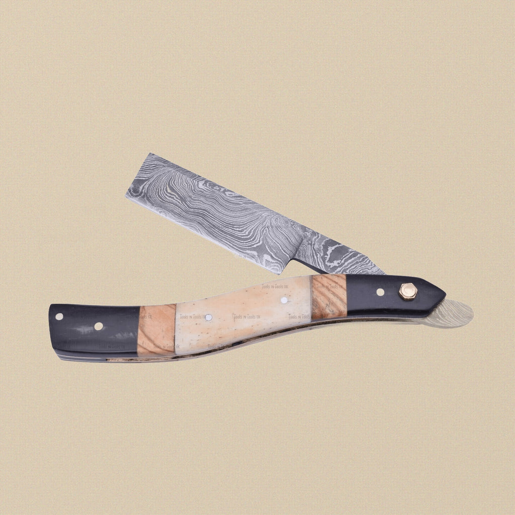 Damascus Steel Straight Razor with 70 mm Blade and Camel Bone Handle | Straight Razor | Toolsmith Ltd UK