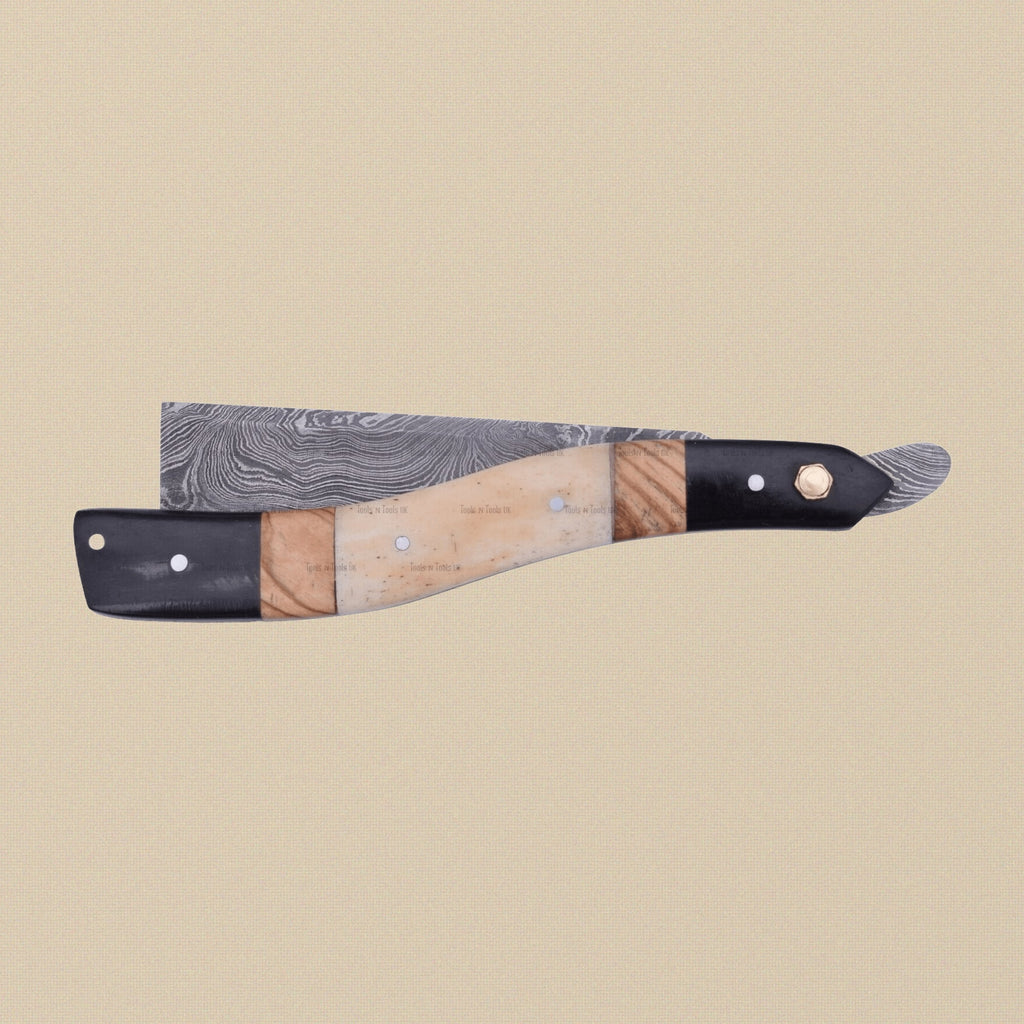 Damascus Steel Straight Razor with 70 mm Blade and Camel Bone Handle | Straight Razor | Toolsmith Ltd UK