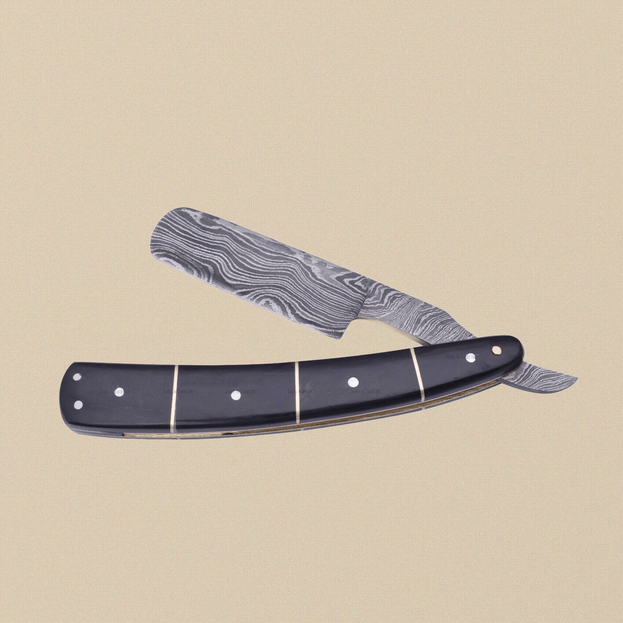 Damascus Steel Straight Razor, 70mm Blade, with Bull Horn Handle | Straight Razor | Toolsmith Ltd UK