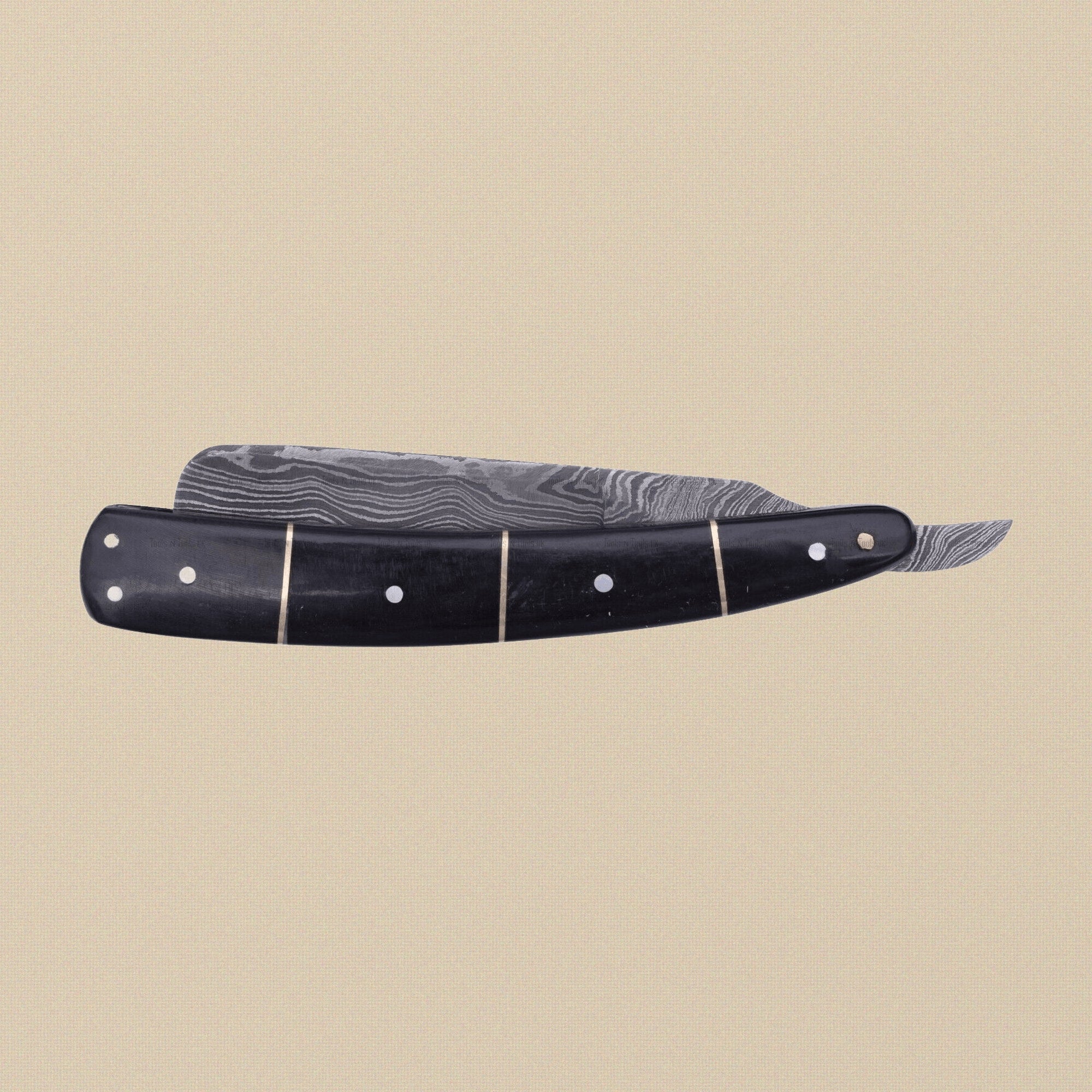 Damascus Steel Straight Razor, 70mm Blade, with Bull Horn Handle | Straight Razor | Toolsmith Ltd UK