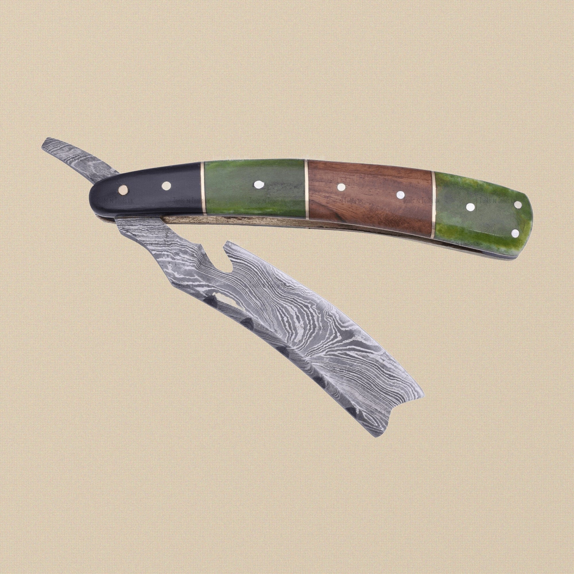 Damascus Steel Straight Razor with 70 mm Blade and Patterned Steel Handle | Straight Razor | Toolsmith Ltd UK