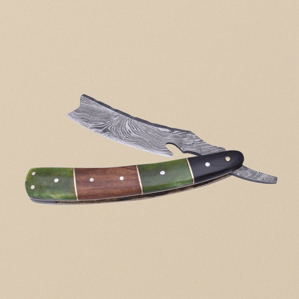 Damascus Steel Straight Razor with 70 mm Blade and Patterned Steel Handle | Straight Razor | Toolsmith Ltd UK