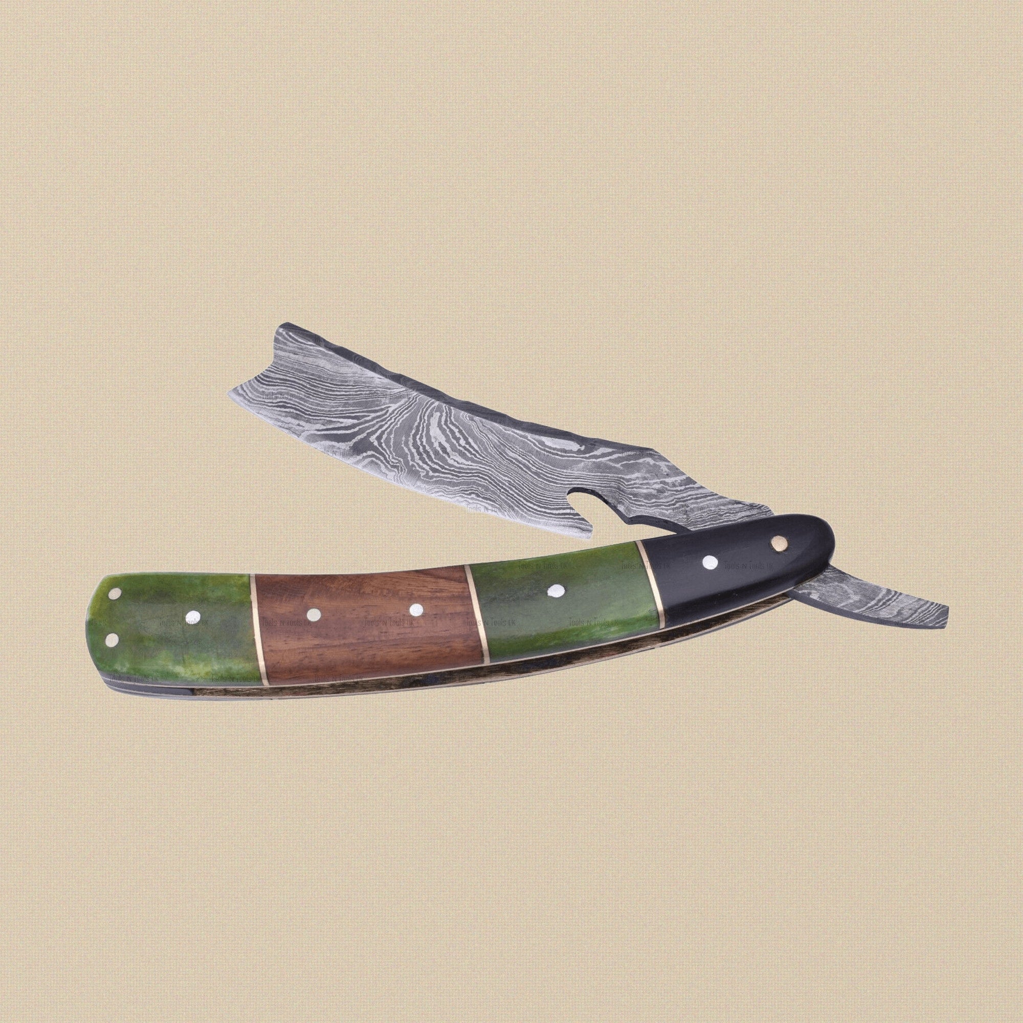 Damascus Steel Straight Razor with 70 mm Blade and Patterned Steel Handle | Straight Razor | Toolsmith Ltd UK