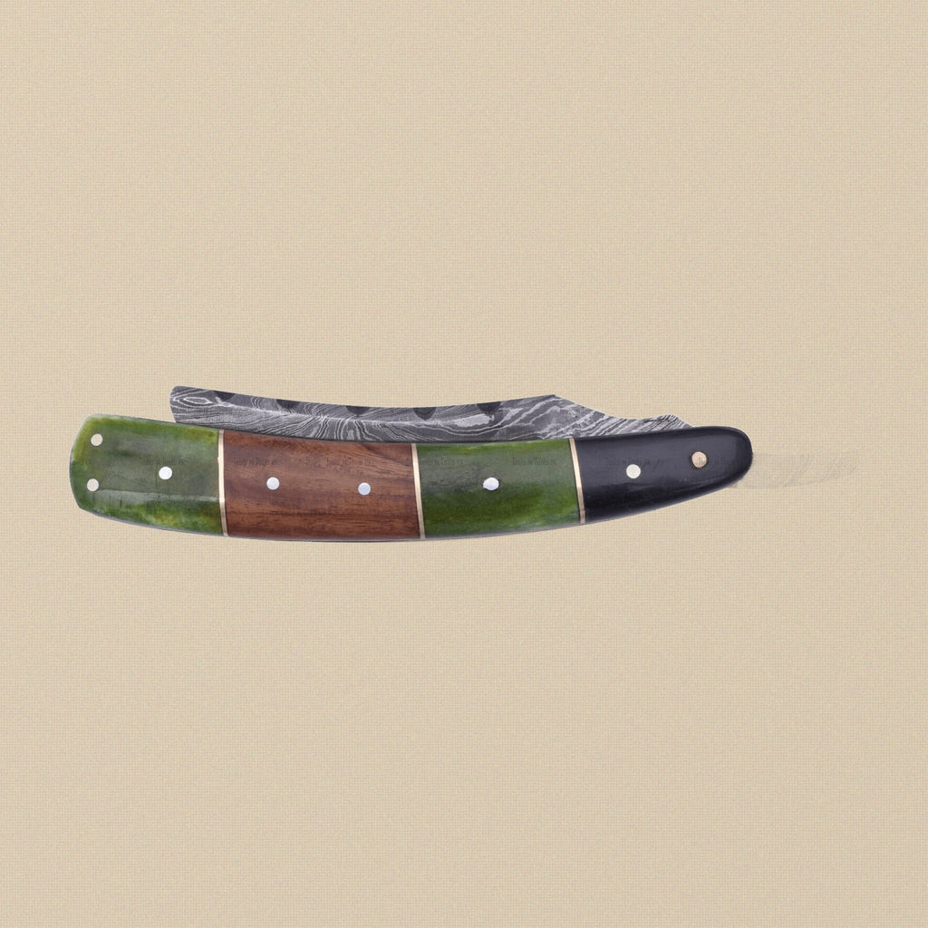 Damascus Steel Straight Razor with 70 mm Blade and Patterned Steel Handle | Straight Razor | Toolsmith Ltd UK