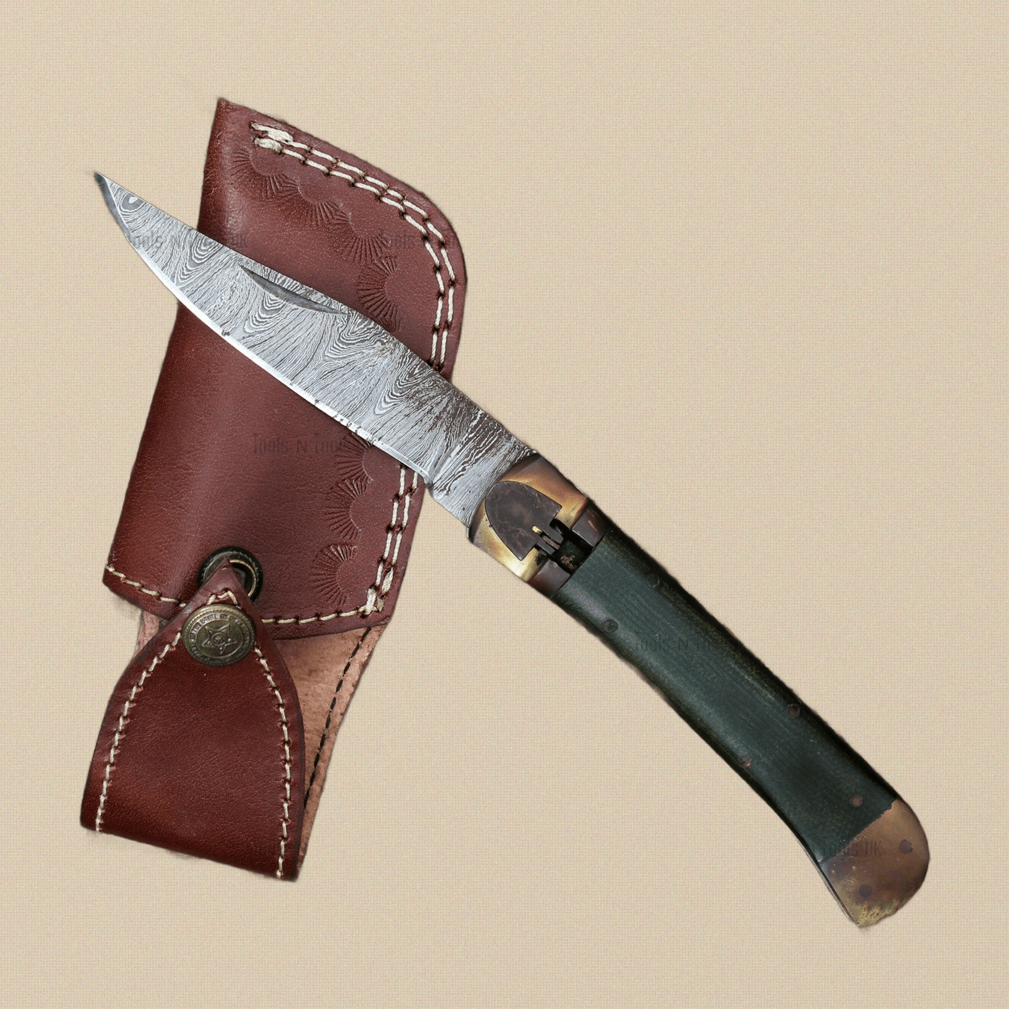 Damascus Steel Folding Utility Knife with Green Micarta Handle and Leather Sheath | Folding Knife | Toolsmith Ltd UK