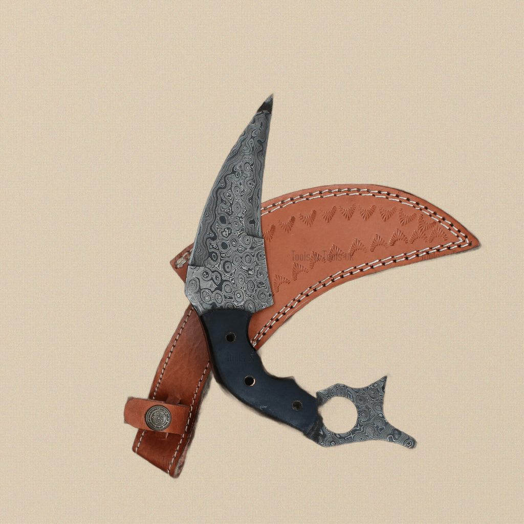 Hand-Forged Karambit Knife in Raindrop Damascus Steel with Black Micarta Handle | Knife | Toolsmith Ltd UK