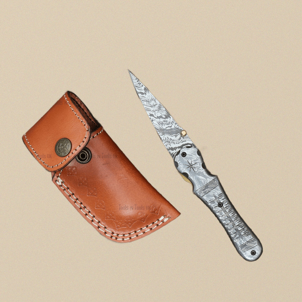 Damascus Steel Folding Knife (183mm) with Full Damascus Handle and Leather Sheath | Folding Knife | Toolsmith Ltd UK