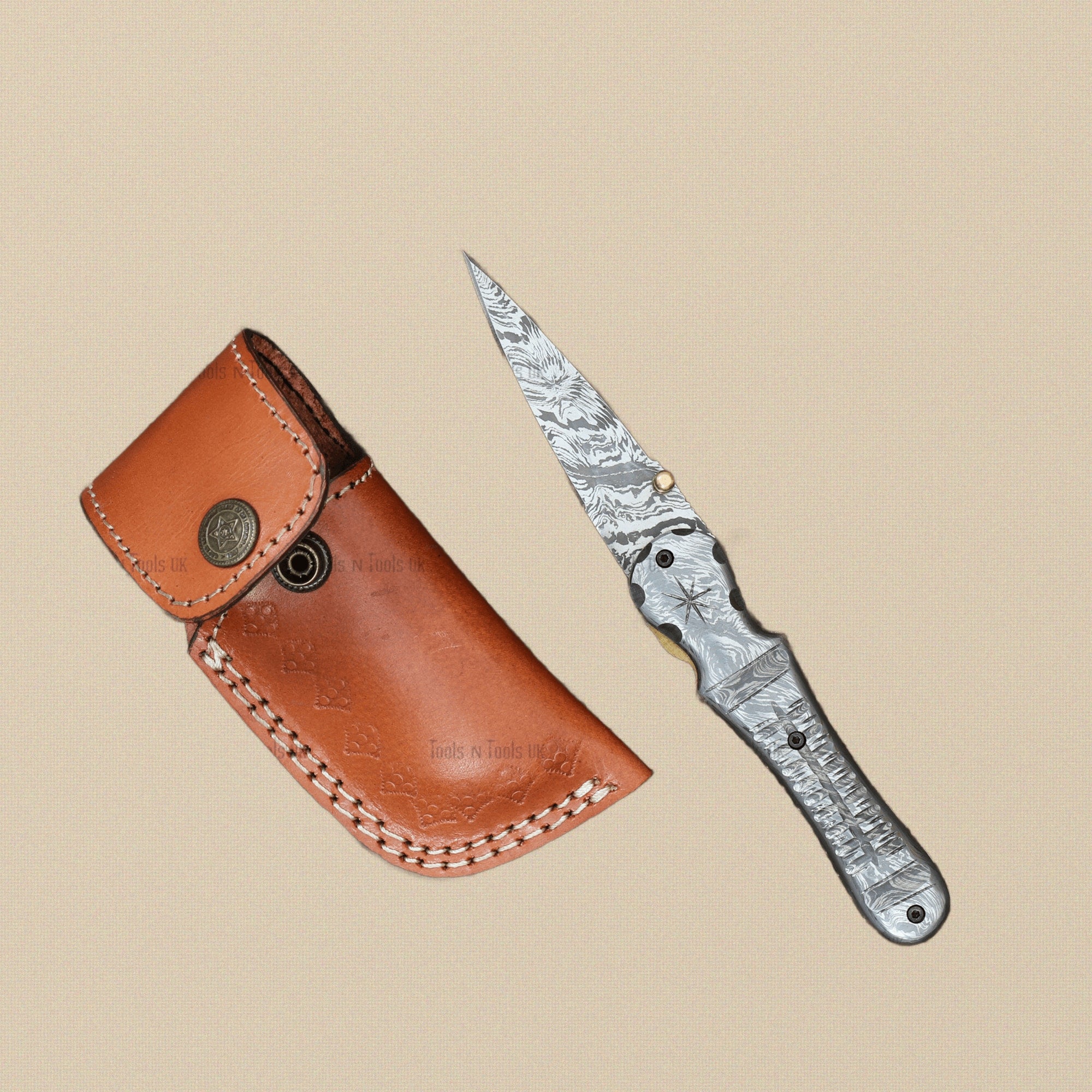 Damascus Steel Folding Knife (183mm) with Full Damascus Handle and Leather Sheath | Folding Knife | Toolsmith Ltd UK
