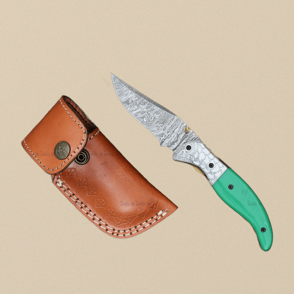 Damascus Steel Folding Knife, 86mm Fire-Pattern Blade, with Green Camel Bone Handle and Sheath | Folding Knife | Toolsmith Ltd UK