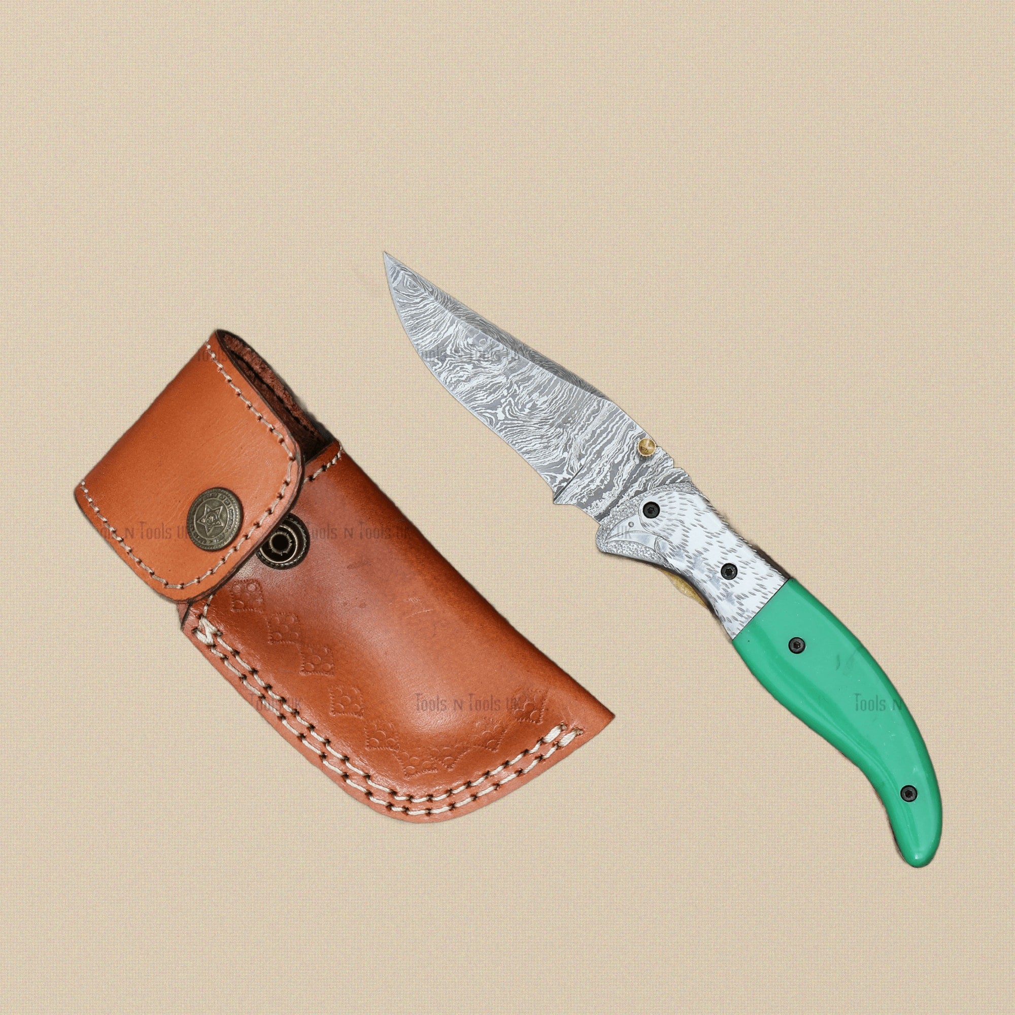 Damascus Steel Folding Knife, 86mm Fire-Pattern Blade, with Green Camel Bone Handle and Sheath | Folding Knife | Toolsmith Ltd UK