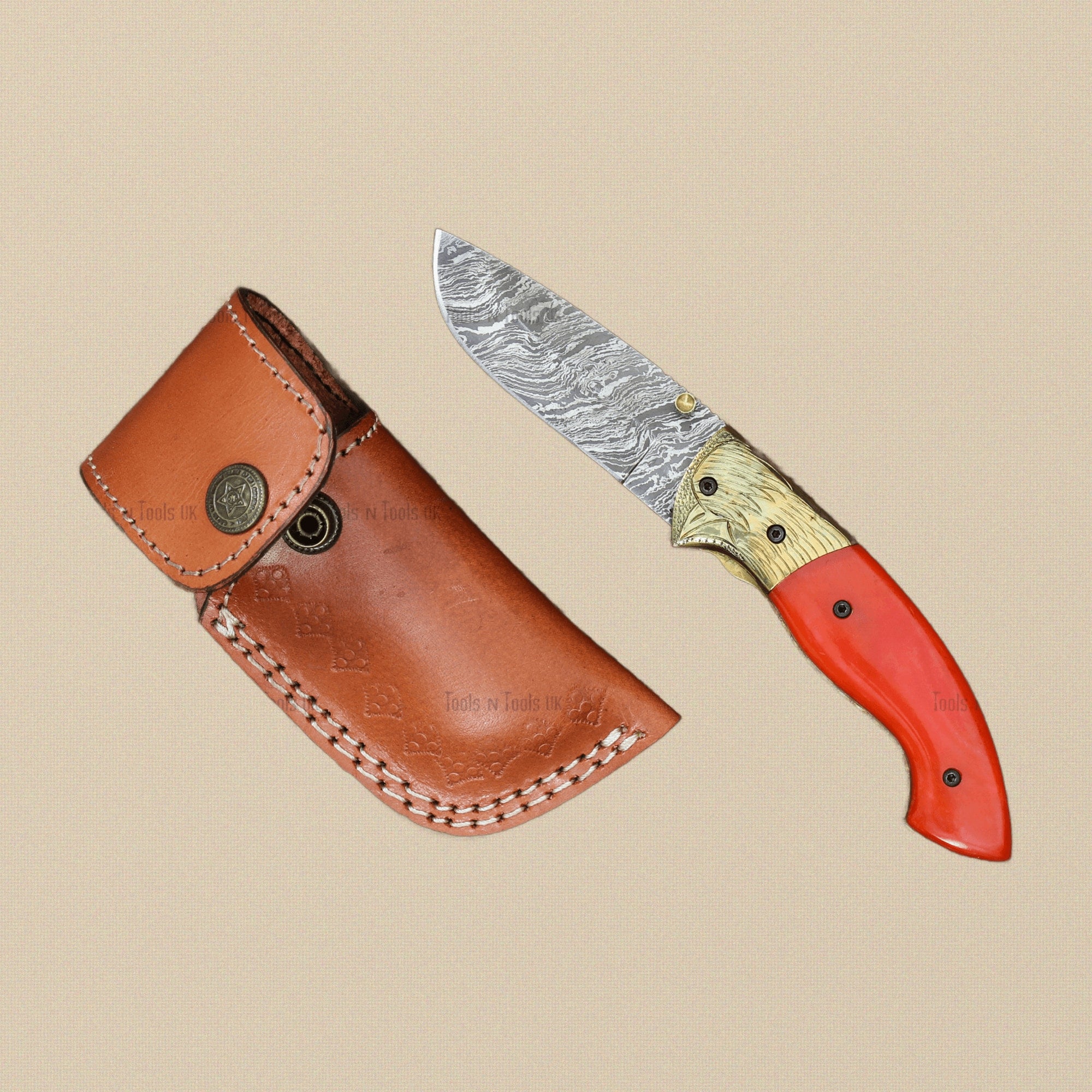 Camel Bone-Handled Damascus Folding Knife (7.4") with Engraved Bolsters and Leather Sheath | Folding Knife | Toolsmith Ltd UK
