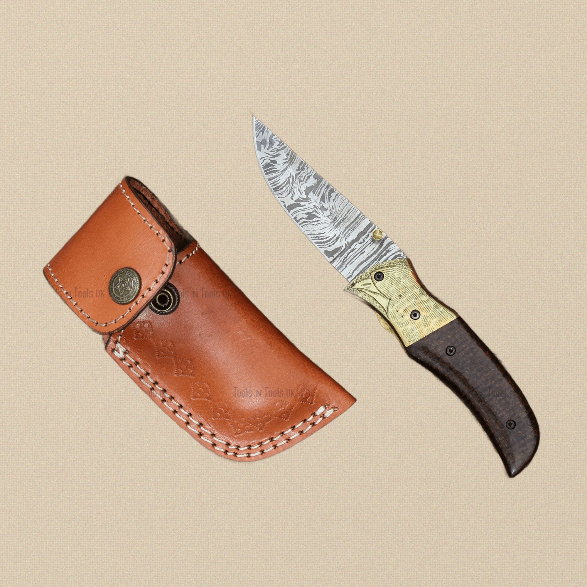 Fire-Pattern Damascus Steel Folding Knife (191mm) with Micarta Handle and Leather Sheath | Folding Knife | Toolsmith Ltd UK
