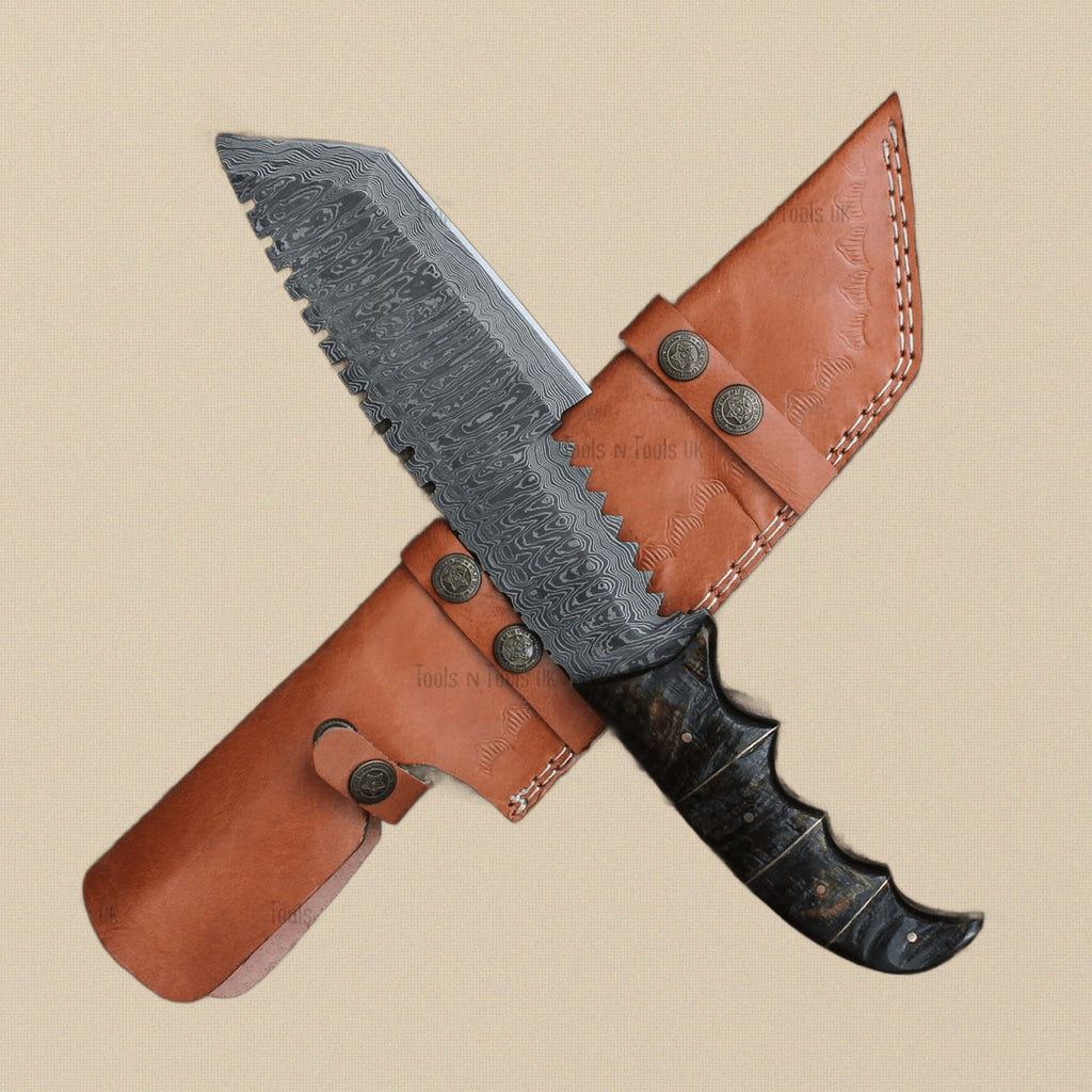 Damascus Steel Tracker Knife (8-inch Blade) with Ram Horn Handle and Leather Sheath | Knives | Toolsmith Ltd UK
