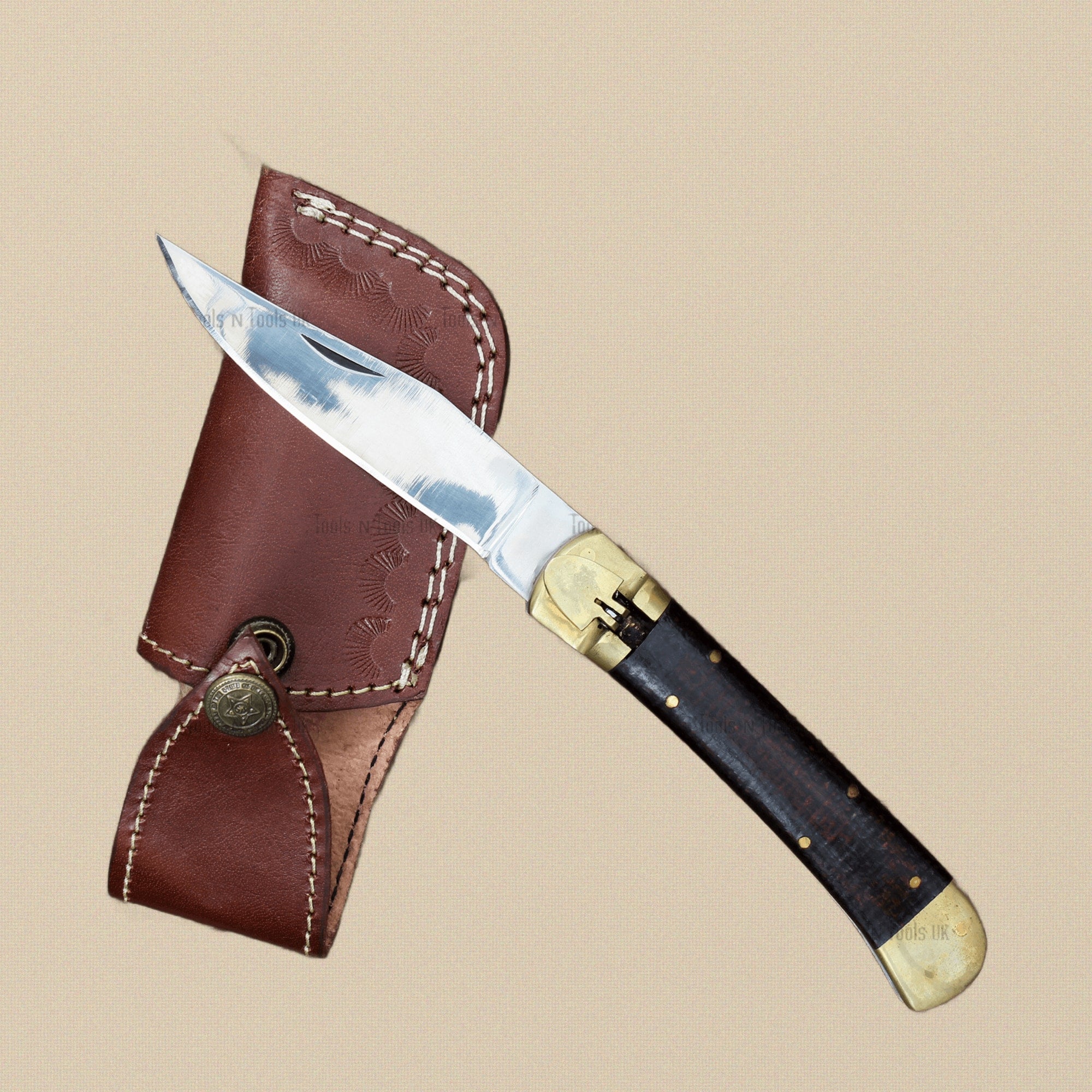 Folding Utility Knife, 231mm, with D2 Steel Blade, Micarta Handle and Leather Sheath | Folding Knife | Toolsmith Ltd UK