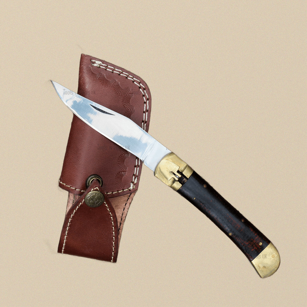 Micarta-Handled Folding Utility Knife with 101mm D2 Steel Blade and Leather Sheath | Utility Knife | Toolsmith Ltd UK