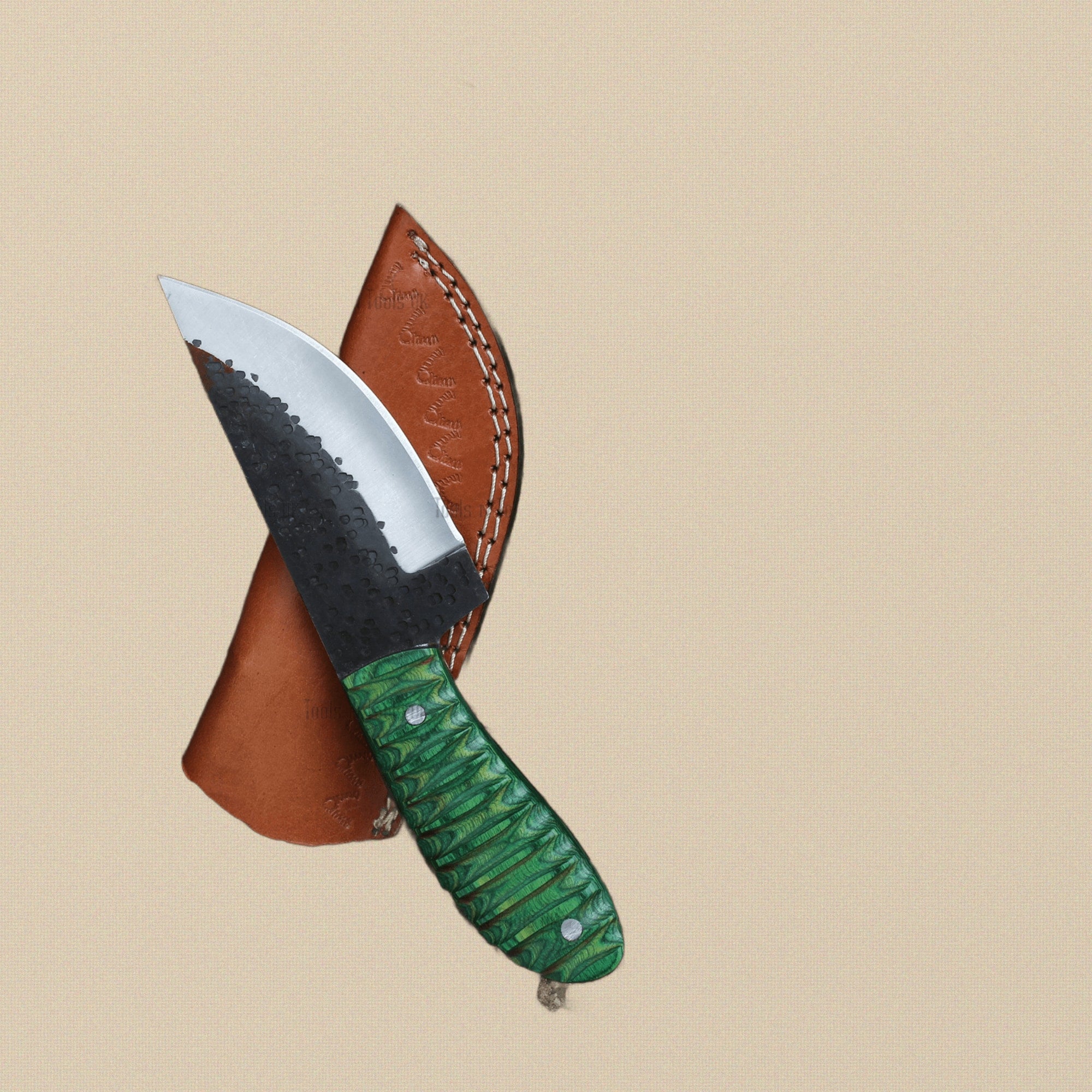Forged D2 Steel Skinner Knife, 114mm Textured Blade, with Green Pakkawood Handle and Sheath | Knife | Toolsmith Ltd UK