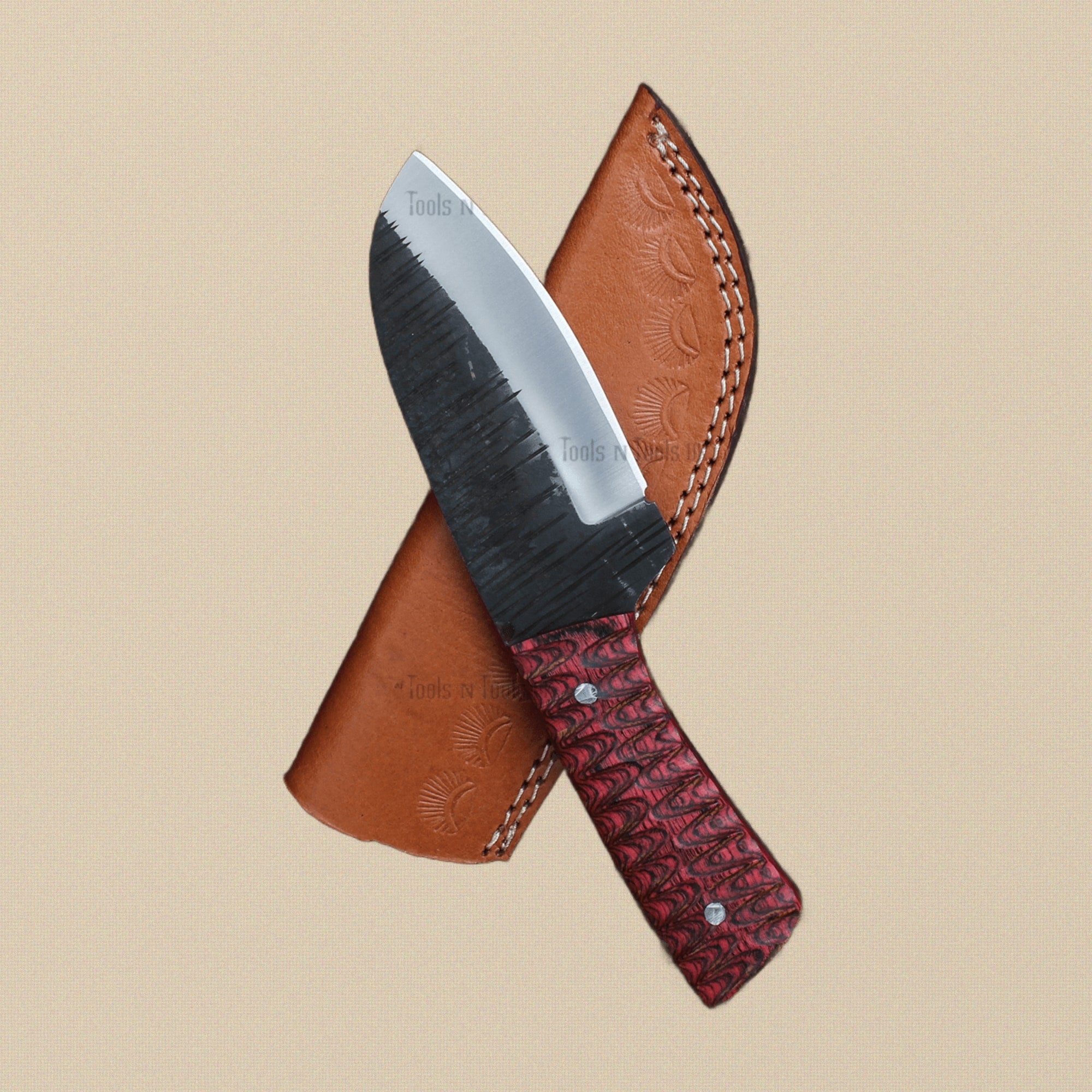 Hand-Forged D2 Steel Skinner Knife with Red Pakkawood Handle and Leather Sheath | Utility Knife | Toolsmith Ltd UK