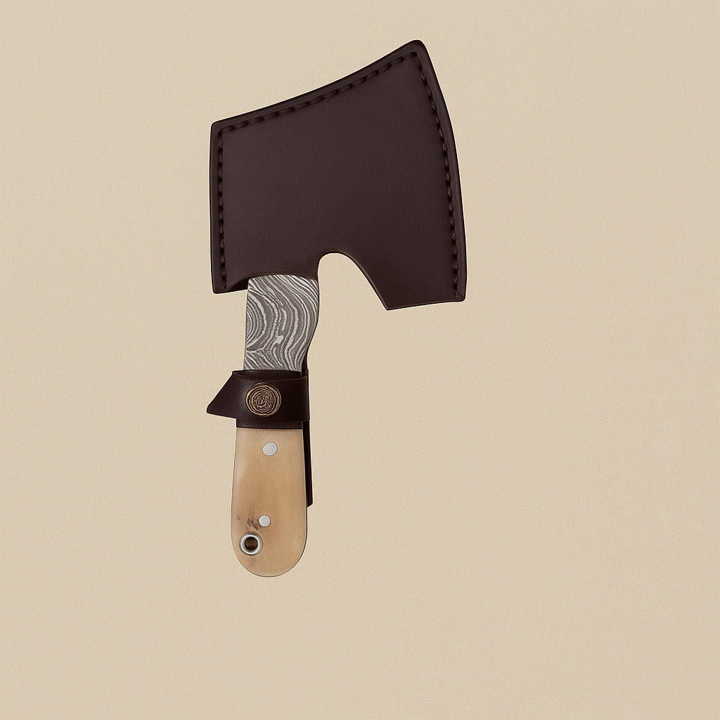 Damascus steel hatchet with bone handle in its dark brown leather sheath with a studded strap, blade up