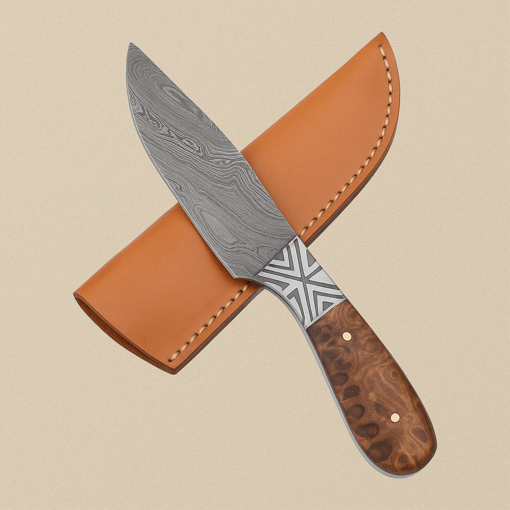 Damascus Steel Skinner Knife (8.6-inch) with Wood Handle and Leather Sheath | Knife | Toolsmith Ltd UK