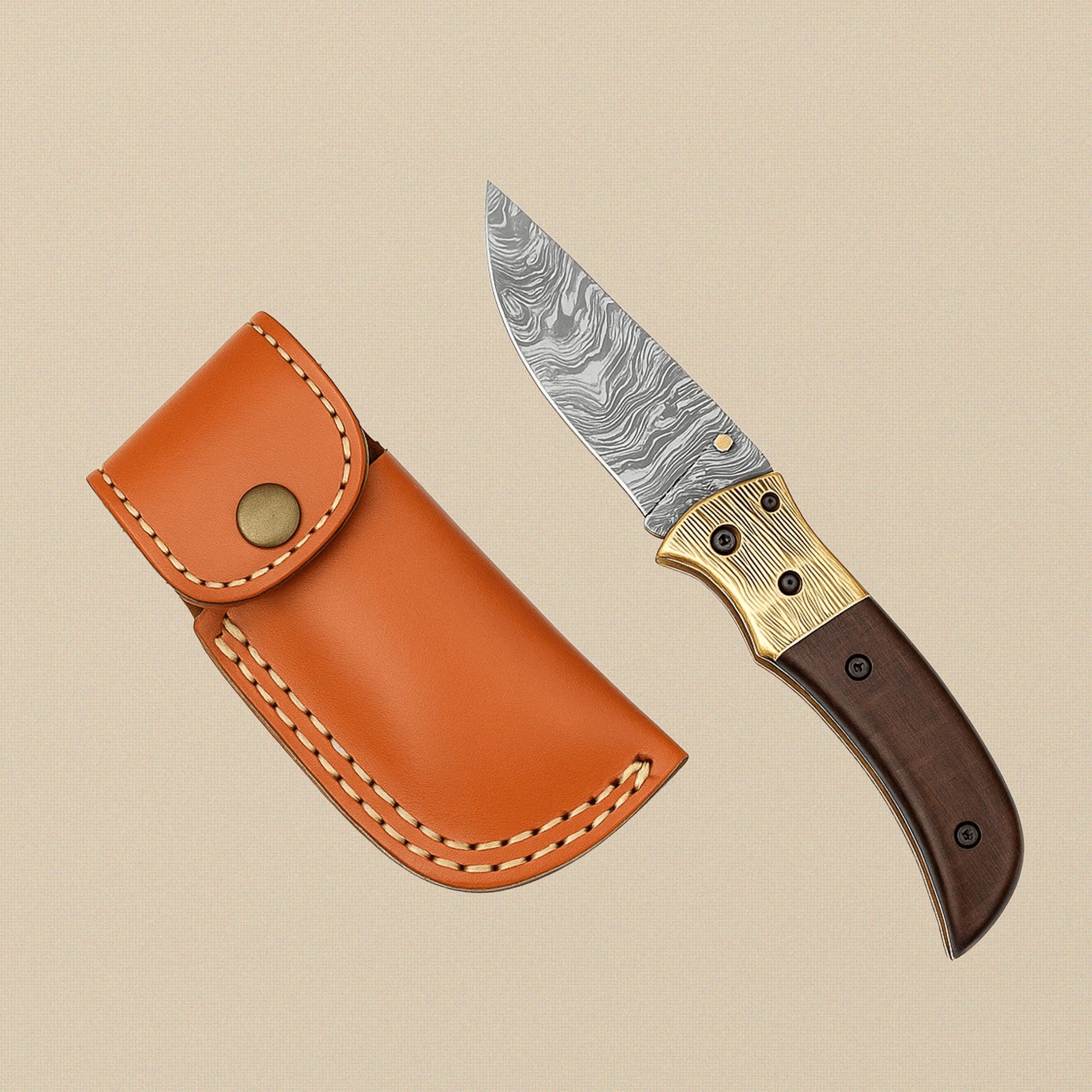 Fire-Pattern Damascus Steel Folding Knife (191mm) with Micarta Handle and Leather Sheath | Folding Knife | Toolsmith Ltd UK