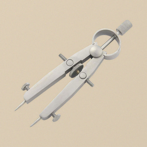 4 inch pointed dividers with centre wheel adjustment, spring bow head, knurled centre wheel and side screws on the legs
