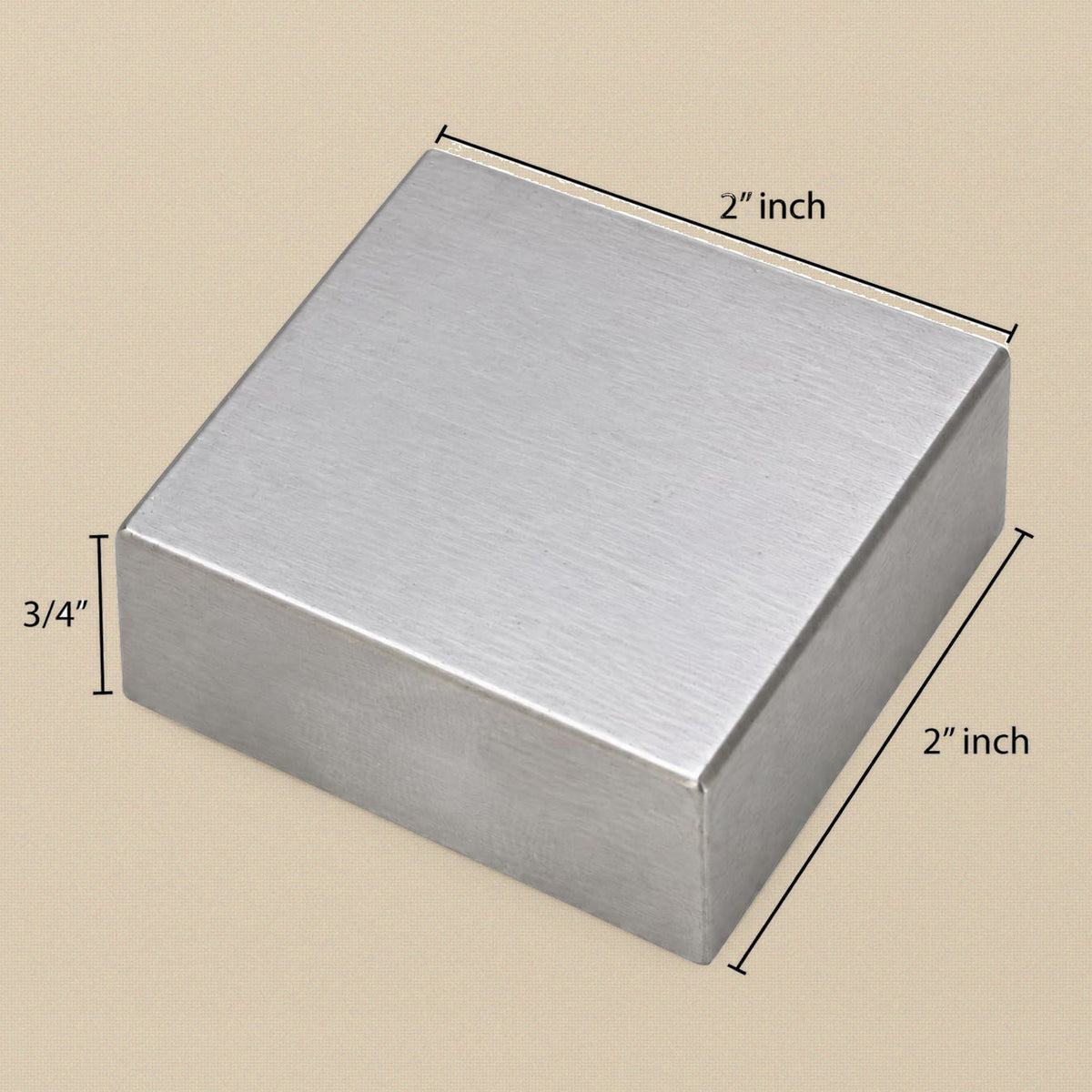 Solid steel bench block, angled view with dimensions marked 2 inch by 2 inch by 3/4 inch