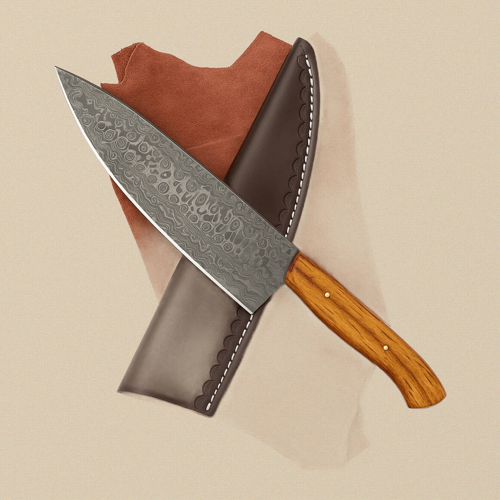 Four-Piece Damascus Chef Knife Set with Rosewood Handles and Leather Sheaths | Chef Knife Set | Toolsmith Ltd UK
