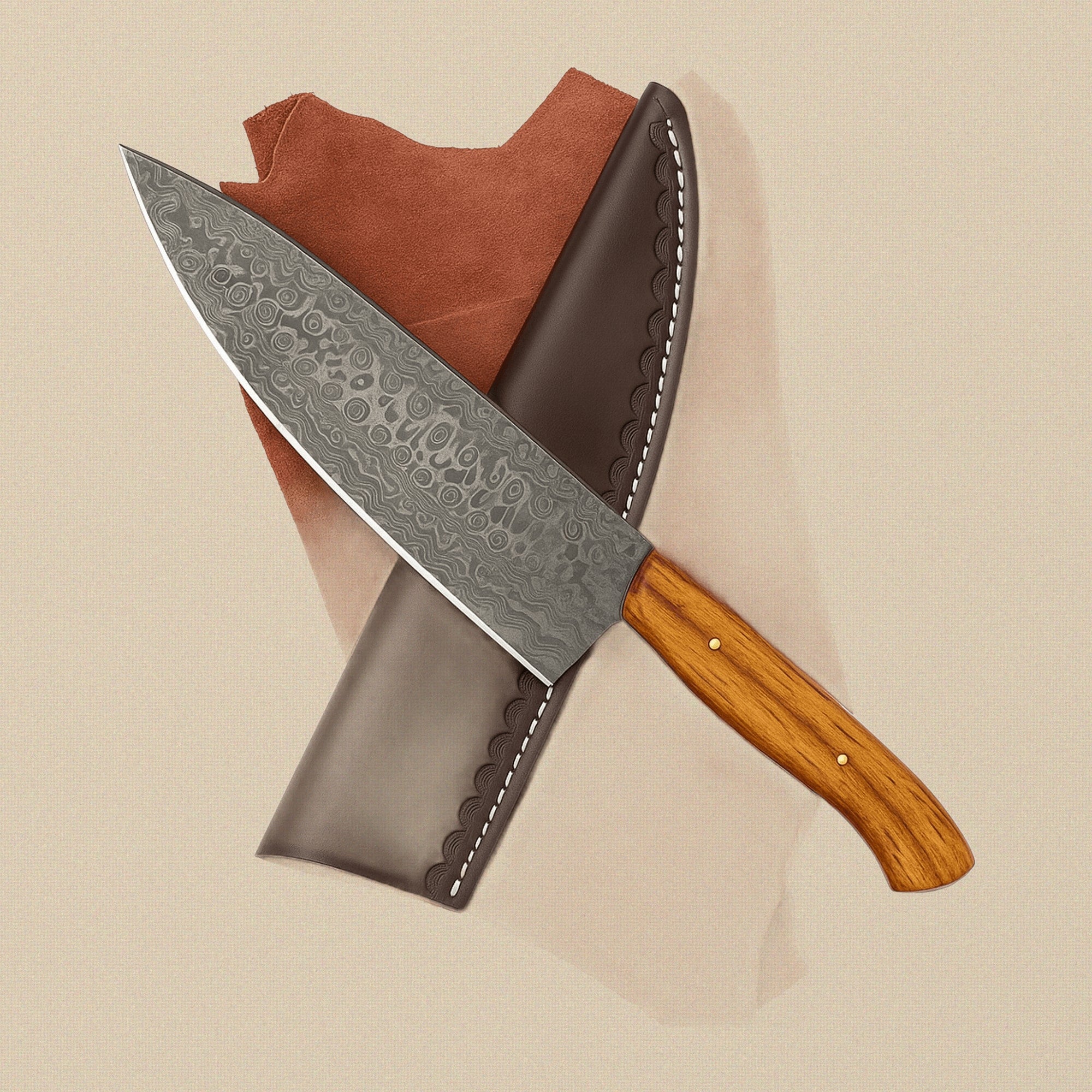 Four-Piece Damascus Chef Knife Set with Rosewood Handles and Leather Sheaths | Chef Knife Set | Toolsmith Ltd UK
