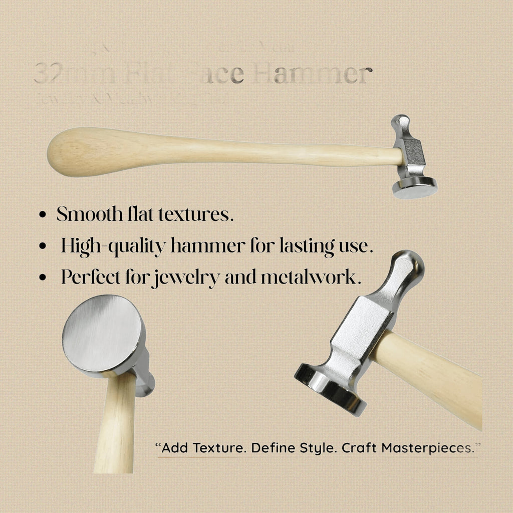 32mm Flat Face Texturing and Forming Hammer for Metal, Jewellery and Metalworking Tool with Wooden Handle | Jewellery Making Tools | Toolsmith Ltd UK