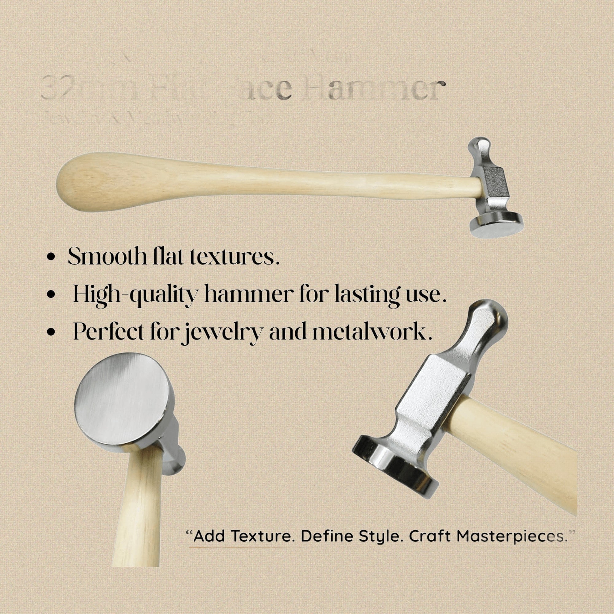 32mm Flat Face Texturing and Forming Hammer for Metal, Jewellery and Metalworking Tool with Wooden Handle | Jewellery Making Tools | Toolsmith Ltd UK