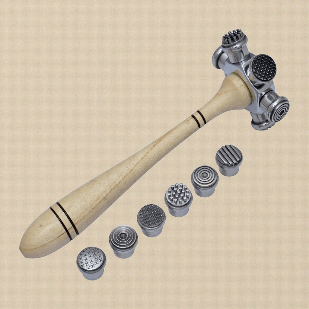 6 in 1 Texture Hammer with Interchangeable Heads, Round Multi-Pattern Metal Forming Tool with Wood Handle | Jewellery Making Tools | Toolsmith Ltd UK