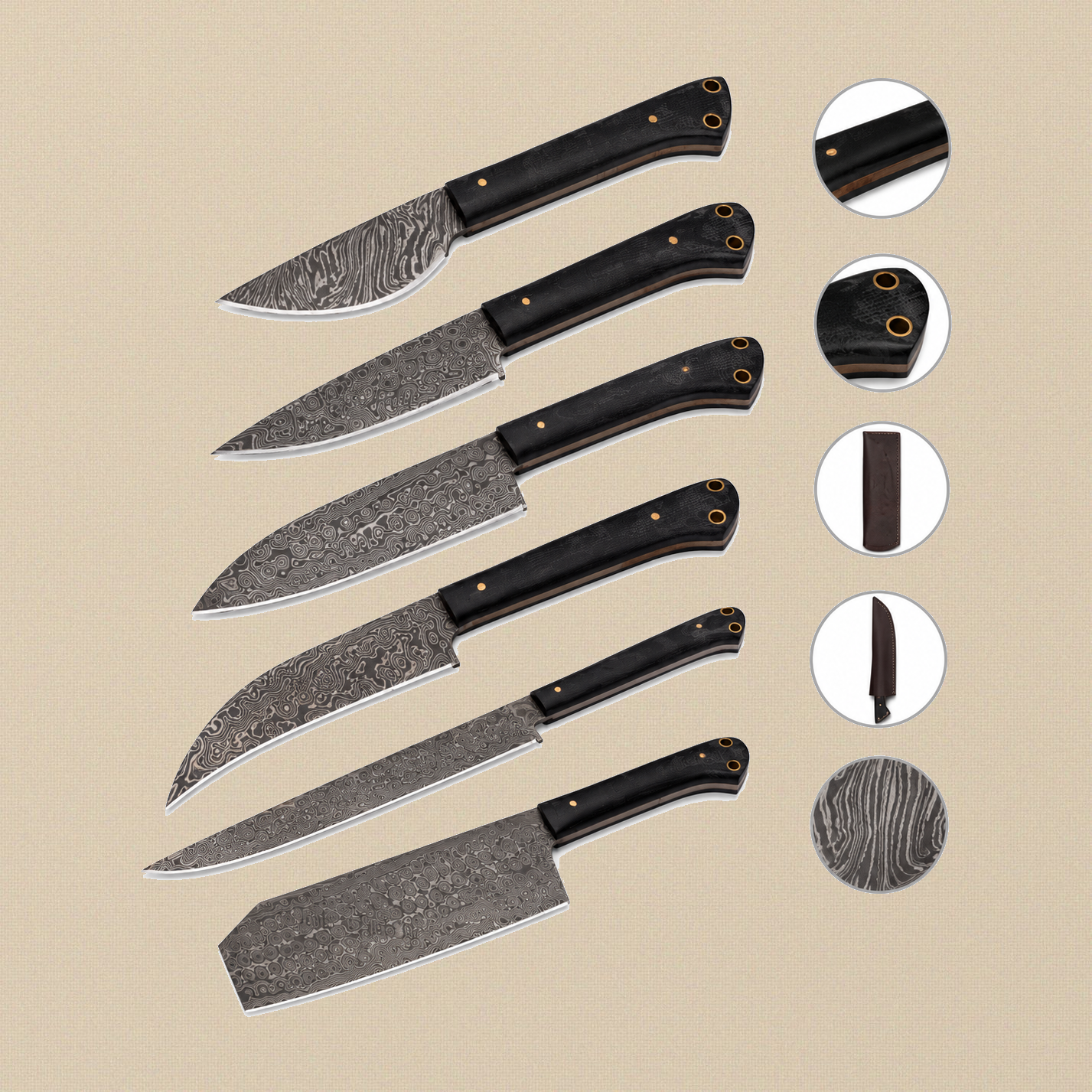 Damascus Steel 6-Piece Chef Knife Set with Black Micarta Handles & Leather Sheaths | Knife Set | Toolsmith Ltd UK