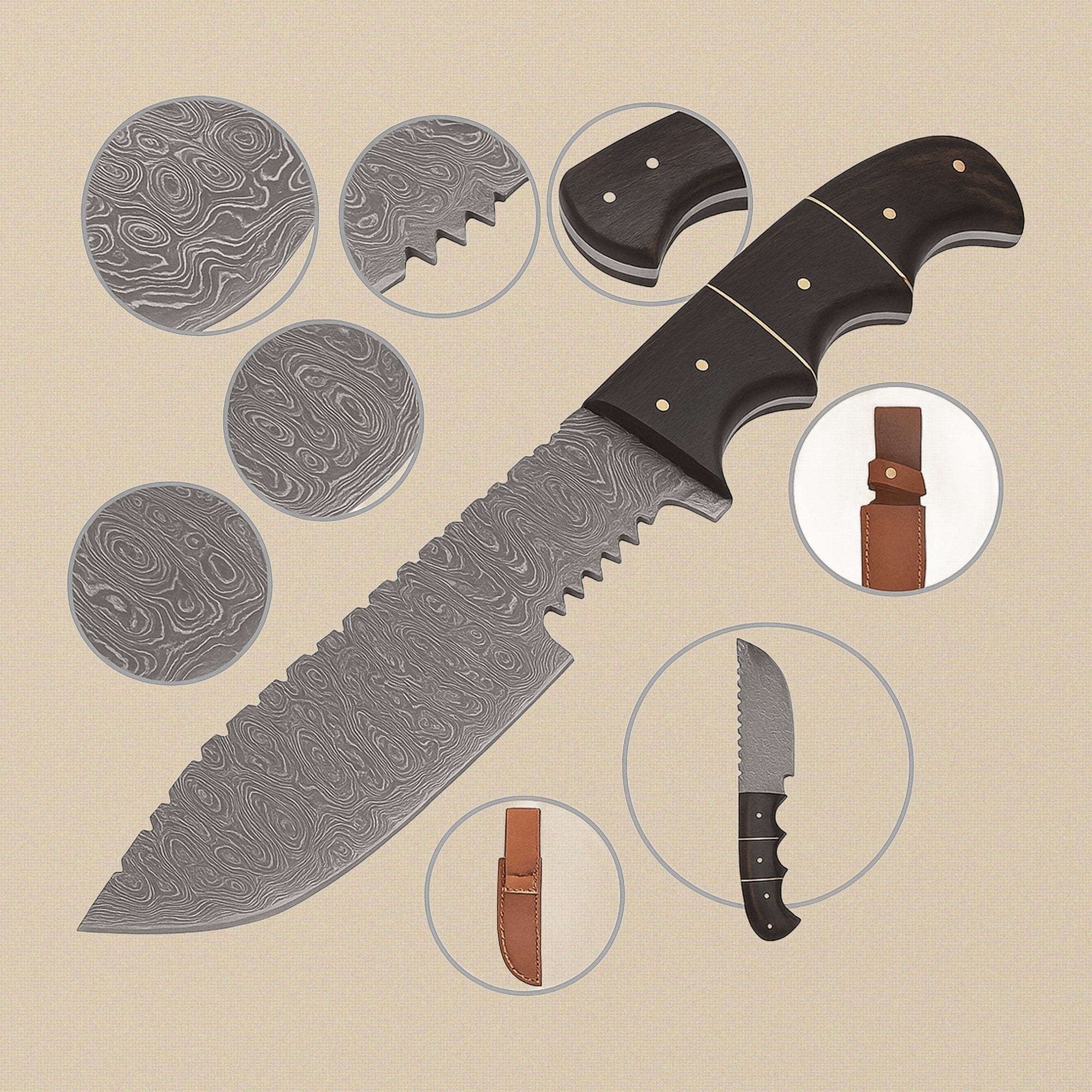 Damascus Steel Tracker Knife (8-inch Blade) with Ram Horn Handle and Leather Sheath | Knives | Toolsmith Ltd UK