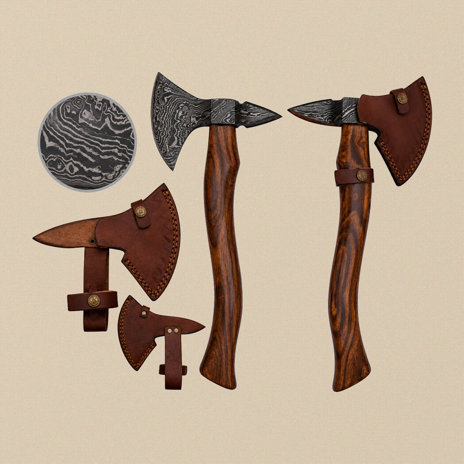 Double-Edged Damascus Steel Axe, 19-inch / 483mm, with Walnut Wood Handle and Leather Sheath | Axe | Toolsmith Ltd UK