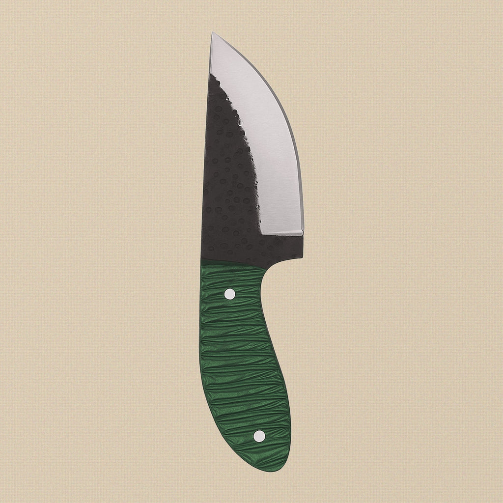 Forged D2 Steel Skinner Knife, 114mm Textured Blade, with Green Pakkawood Handle and Sheath | Knife | Toolsmith Ltd UK