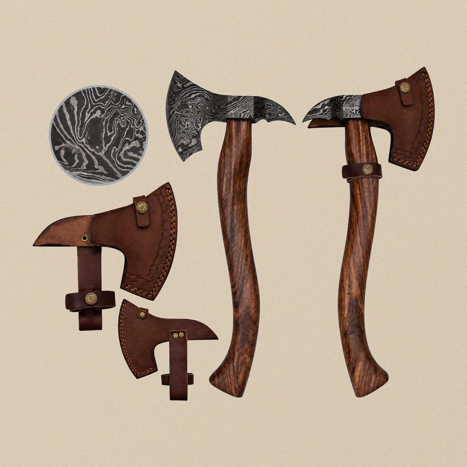 Damascus Steel Axe, 19-inch, with Walnut Wood Handle and Leather Sheath | Axe | Toolsmith Ltd UK