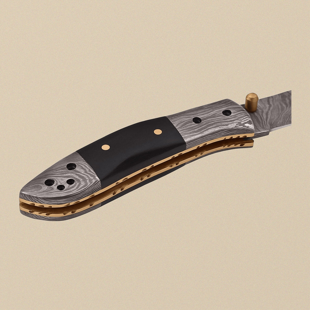 Damascus Steel Folding Knife with Black Ram Horn Handle & Leather Sheath, 7.5-inch | Folding Knife | Toolsmith Ltd UK