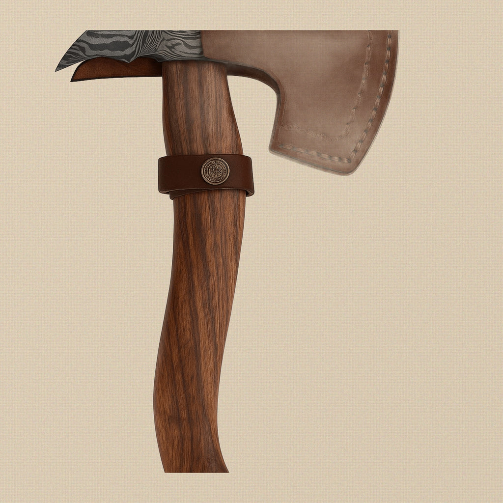 Damascus Steel Axe, 19-inch, with Walnut Wood Handle and Leather Sheath | Axe | Toolsmith Ltd UK