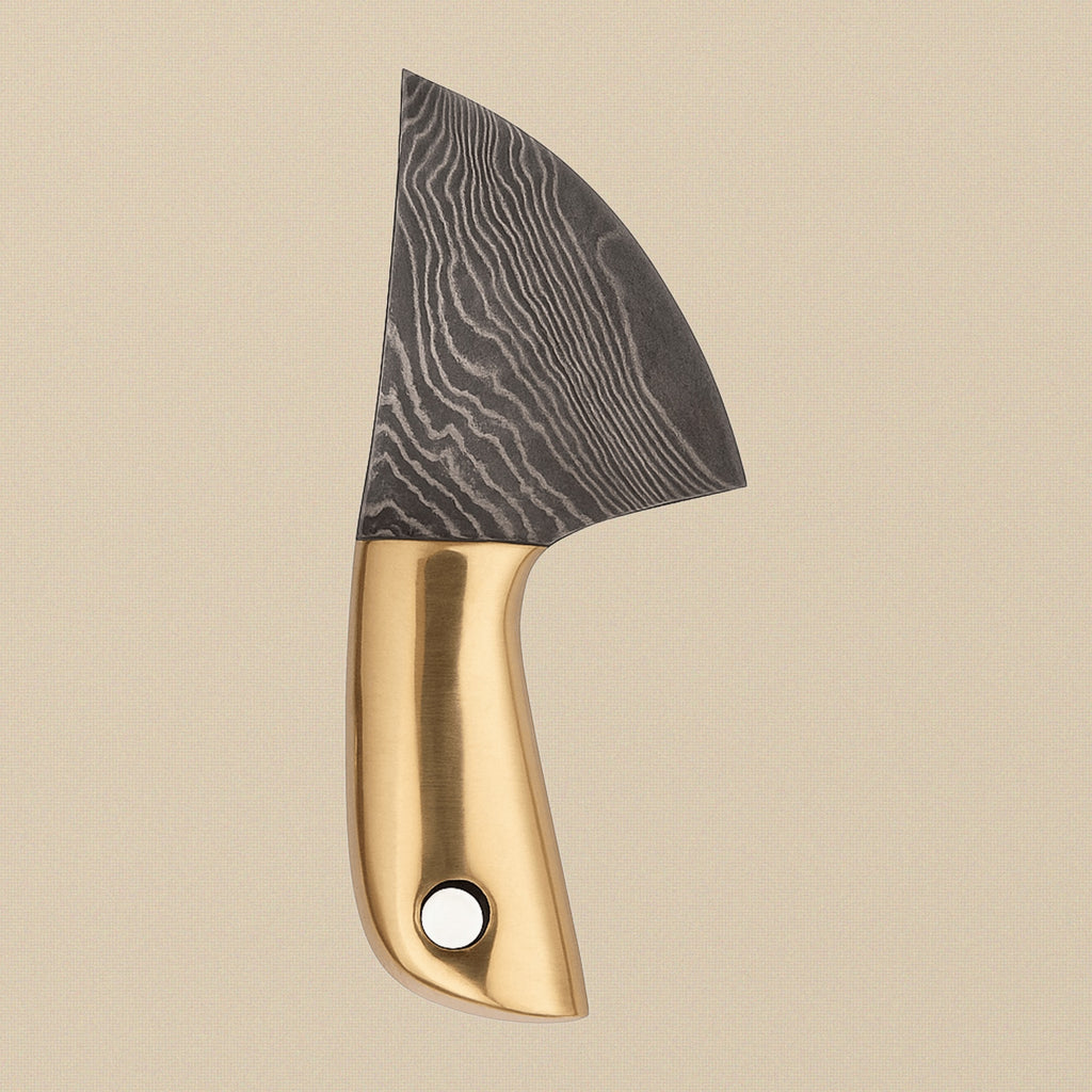 Miniature Damascus Skinner Knife, 66mm Brass-Handled, with Leather Sheath | Miniature Knife | Toolsmith Ltd UK